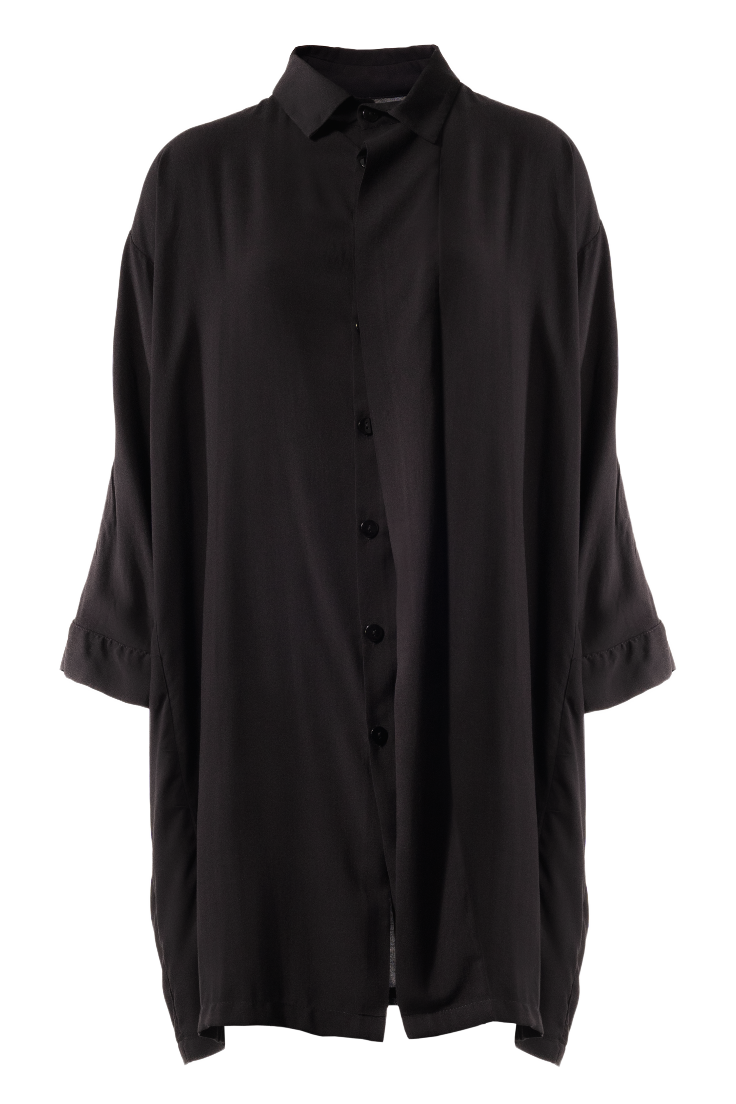Front view of oversized black shirt dress with fluid fabric
