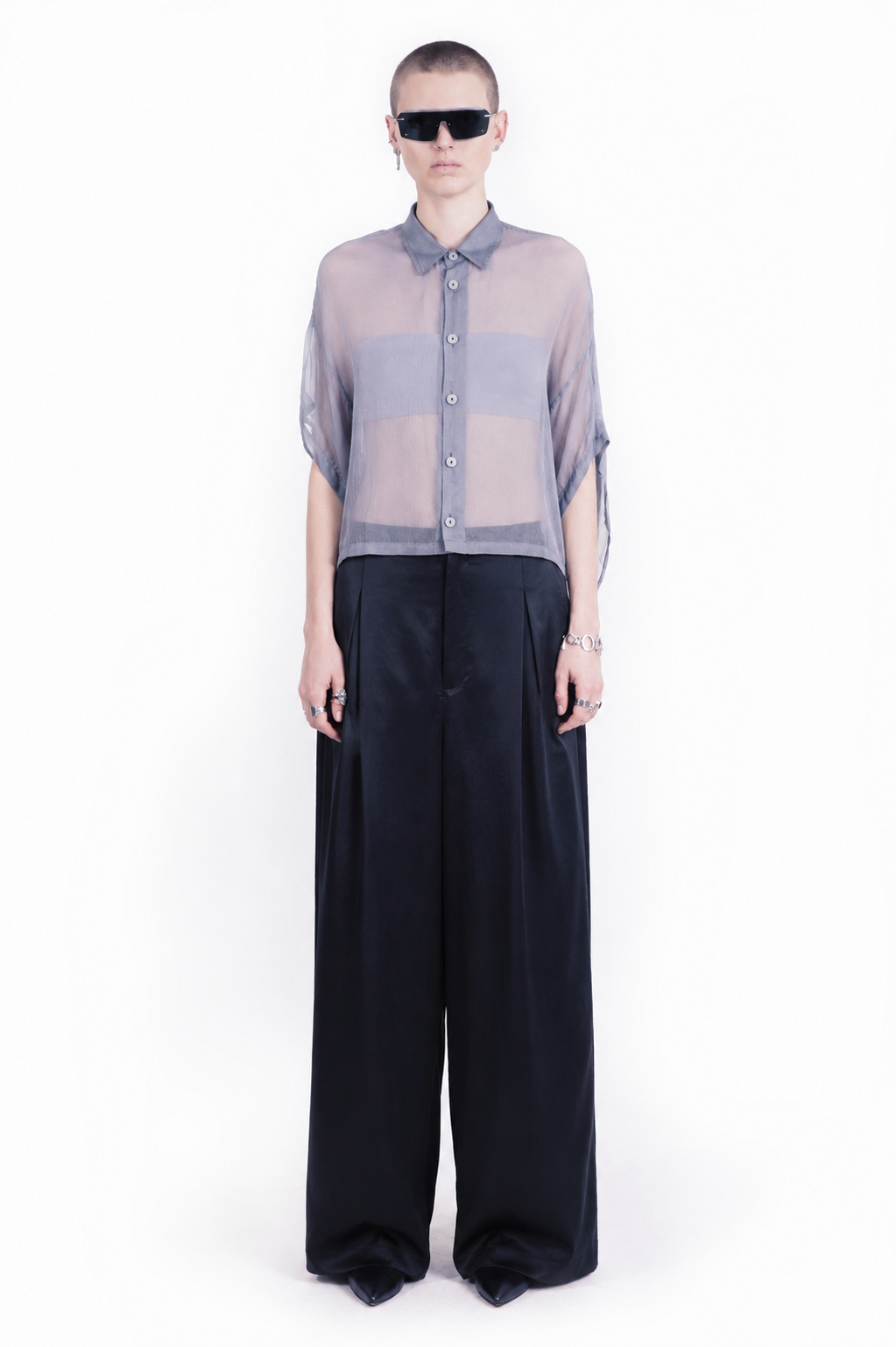 Front view of oversized blue silk  blouse with mandarin collar and back layer 
