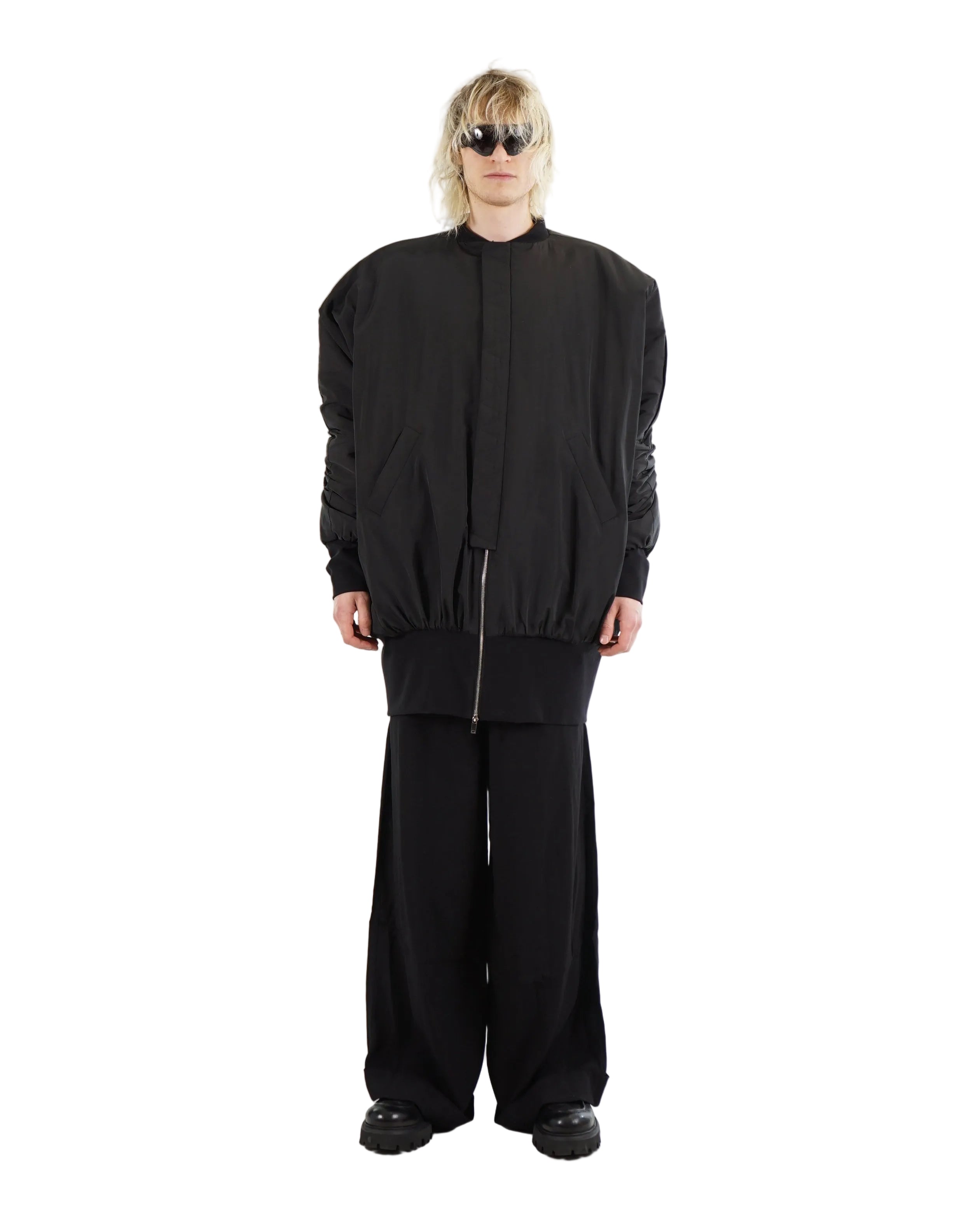 Oversized black bomber jacket with ruched sleeves