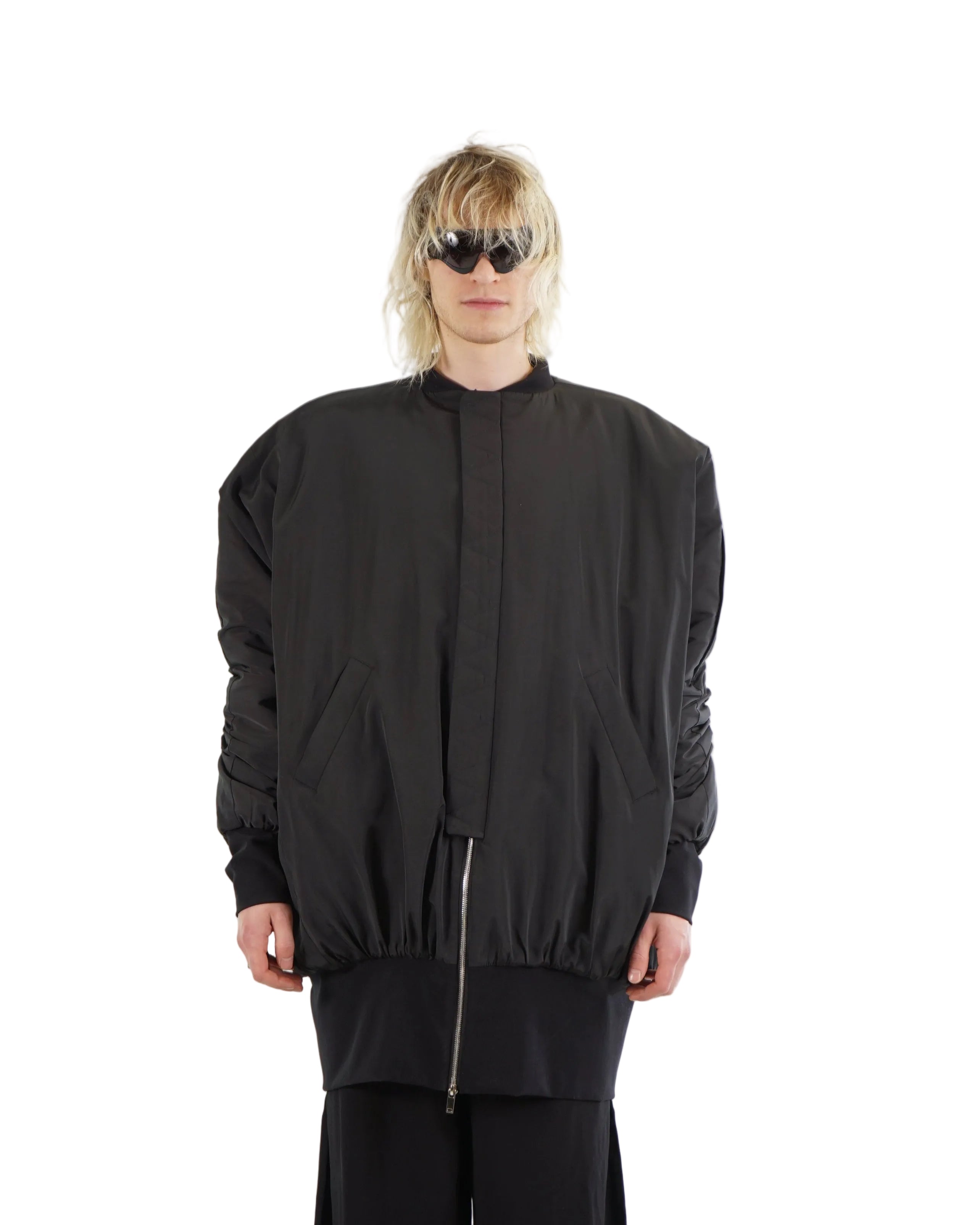 Relaxed black bomber jacket with ribbed hem and collar