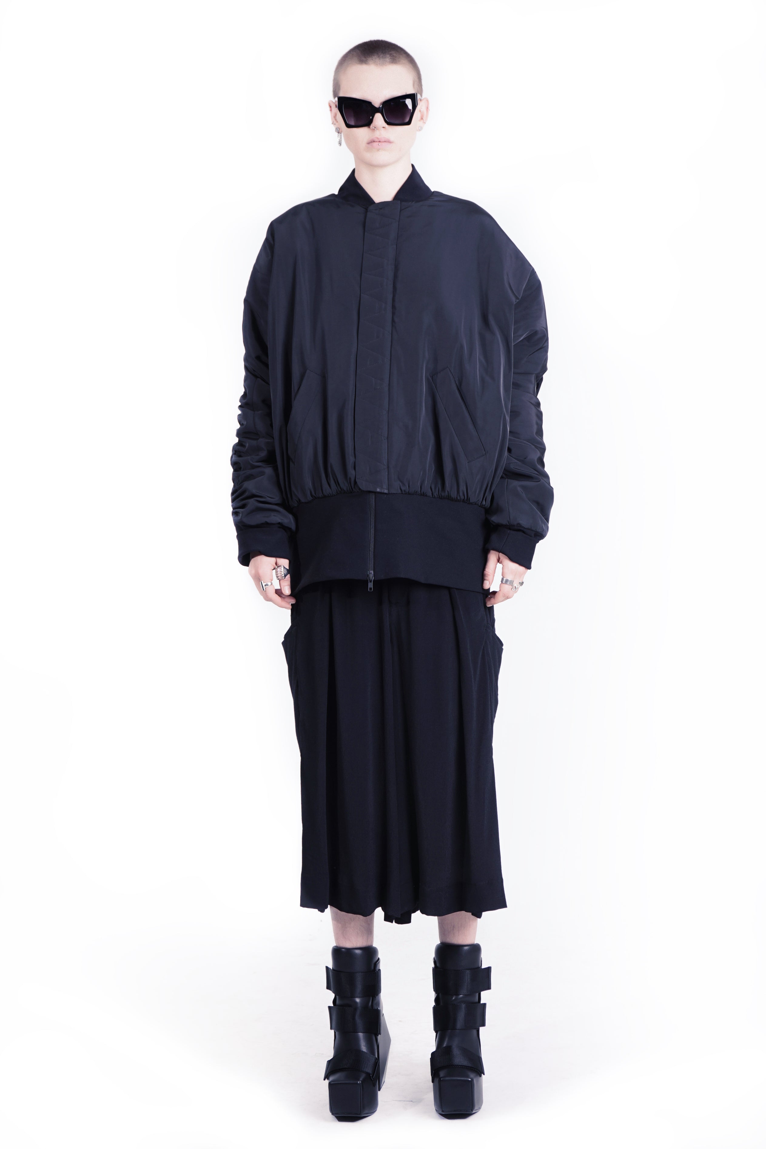 Oversized black bomber jacket with ruched sleeves