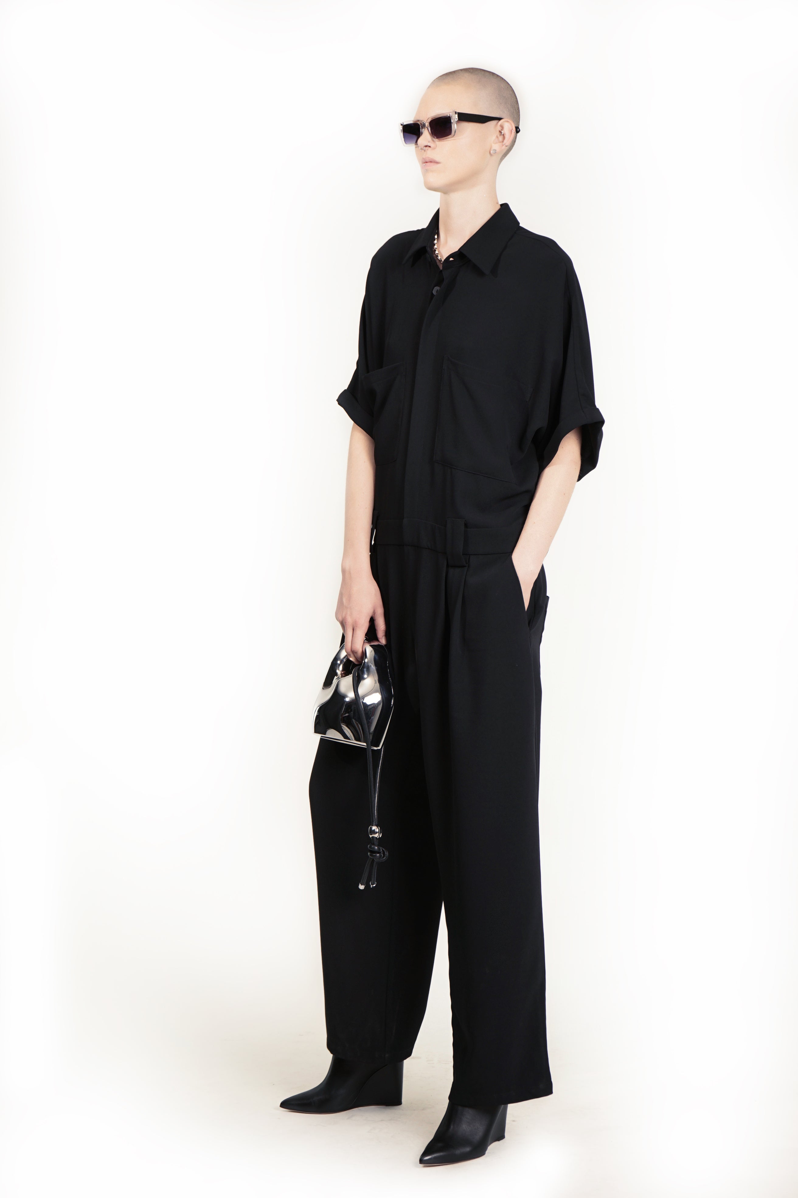 Tailored jumpsuit with concealed button front