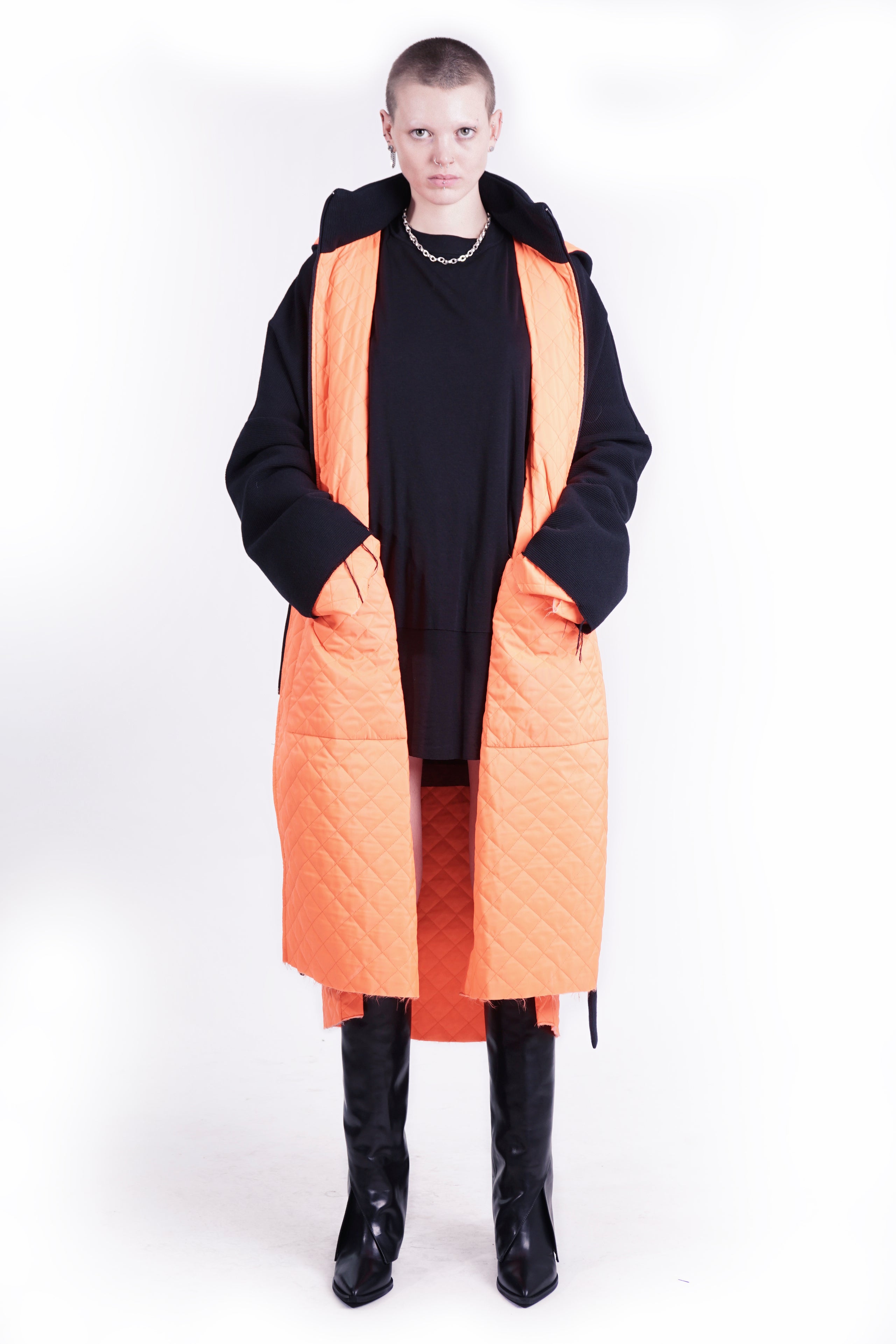 Reversible Hooded Quilted Coat – Black / Orange | Adddress