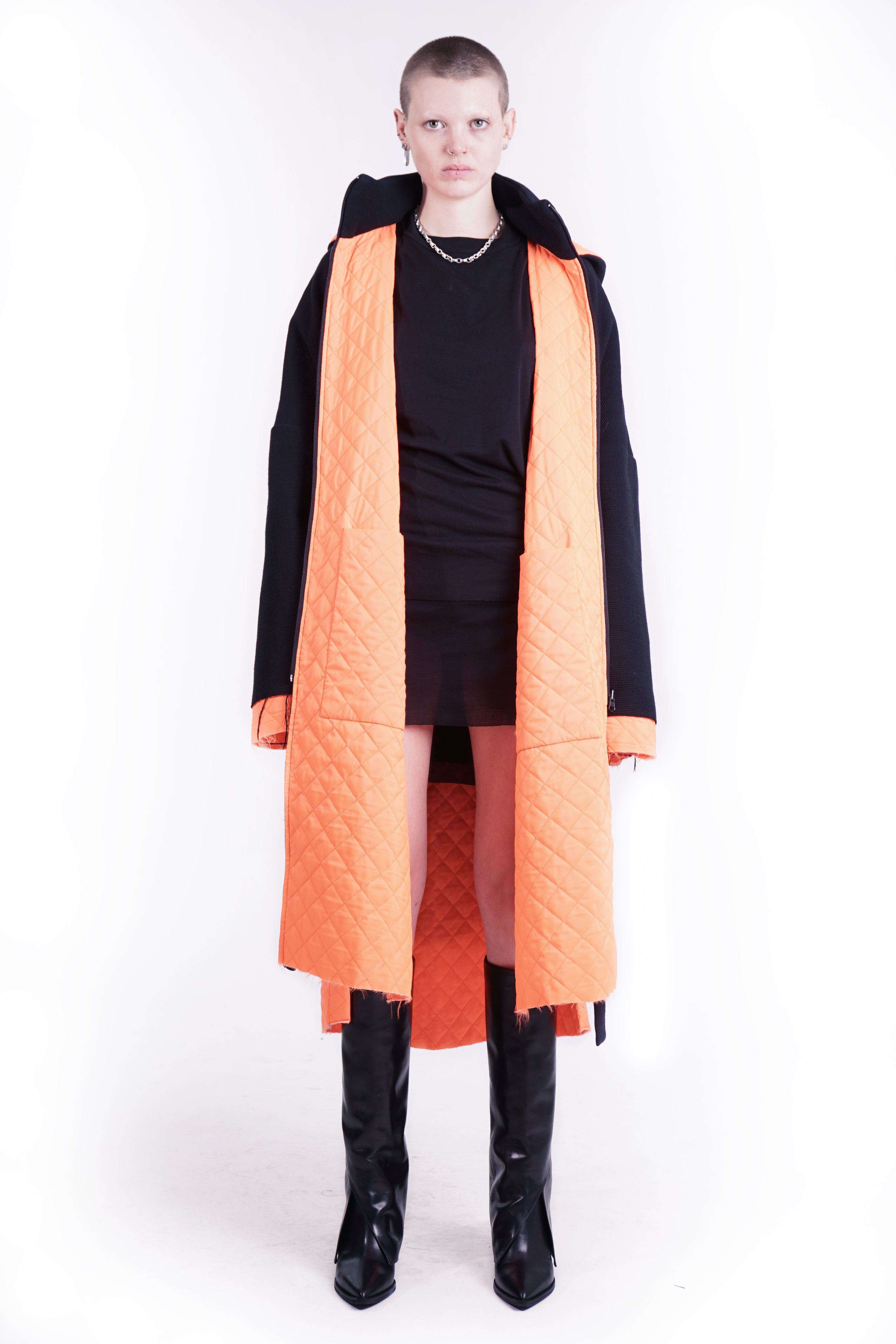 Reversible Hooded Quilted Coat – Black / Orange | Adddress