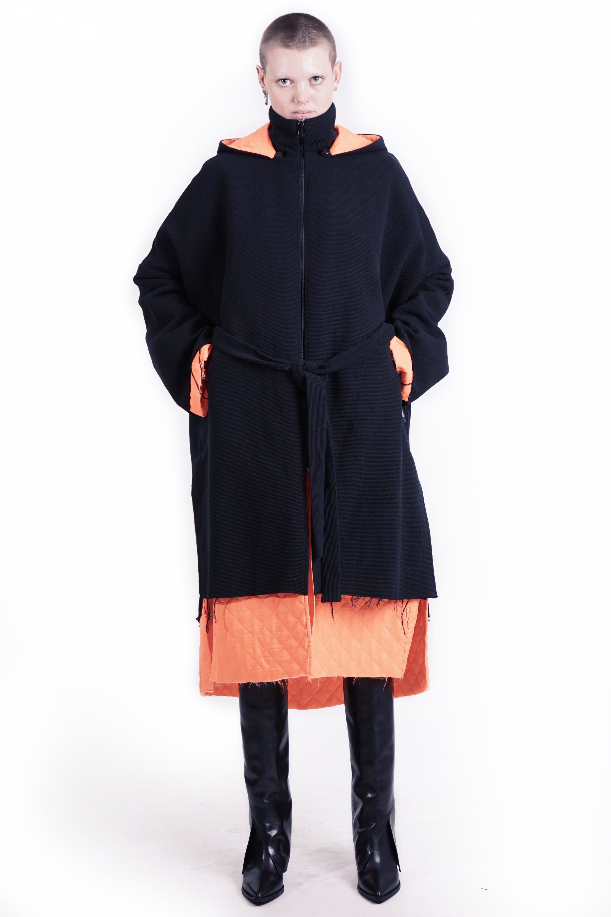 Reversible Hooded Quilted Coat – Black / Orange | Adddress