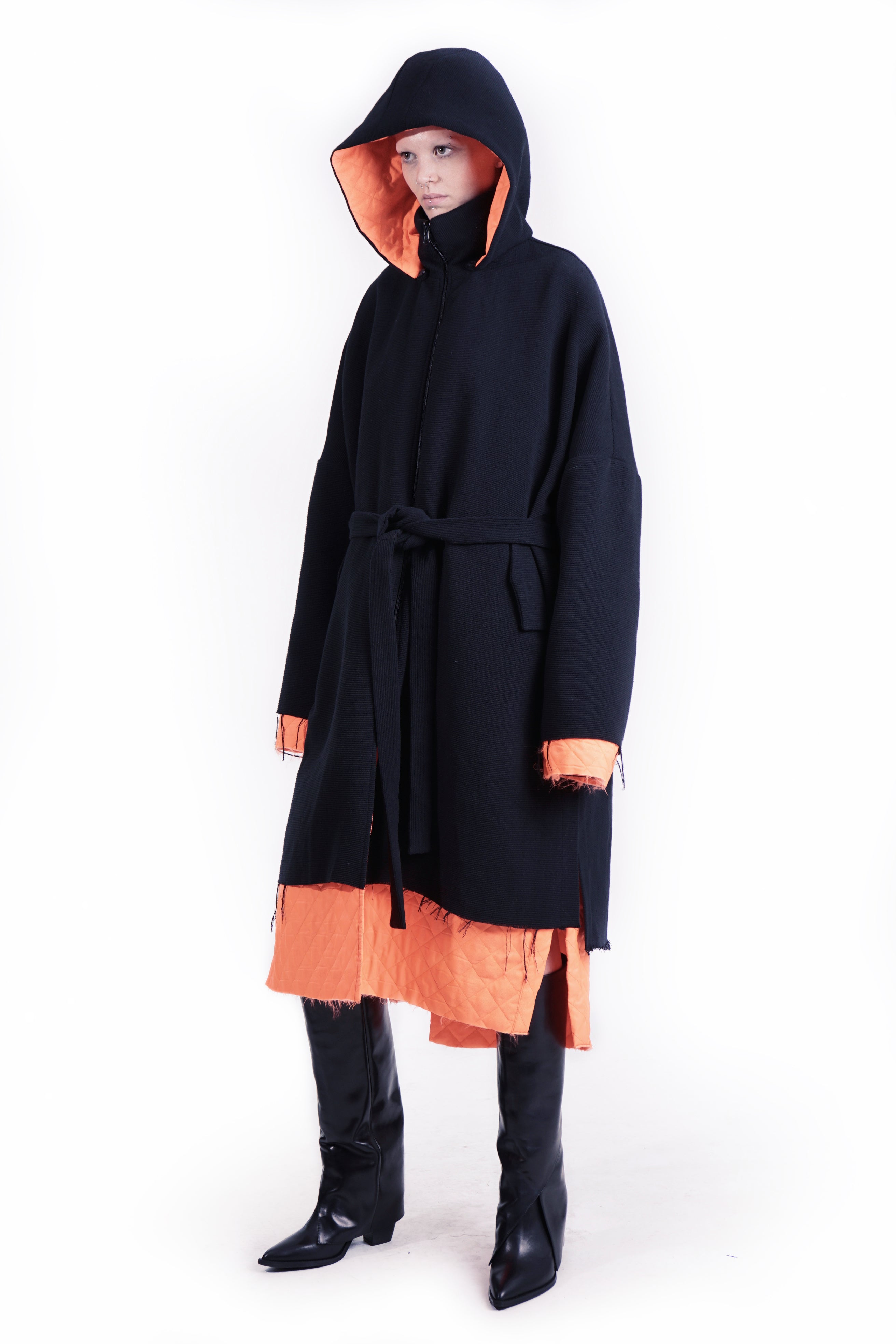 Reversible Hooded Quilted Coat – Black / Orange | Adddress
