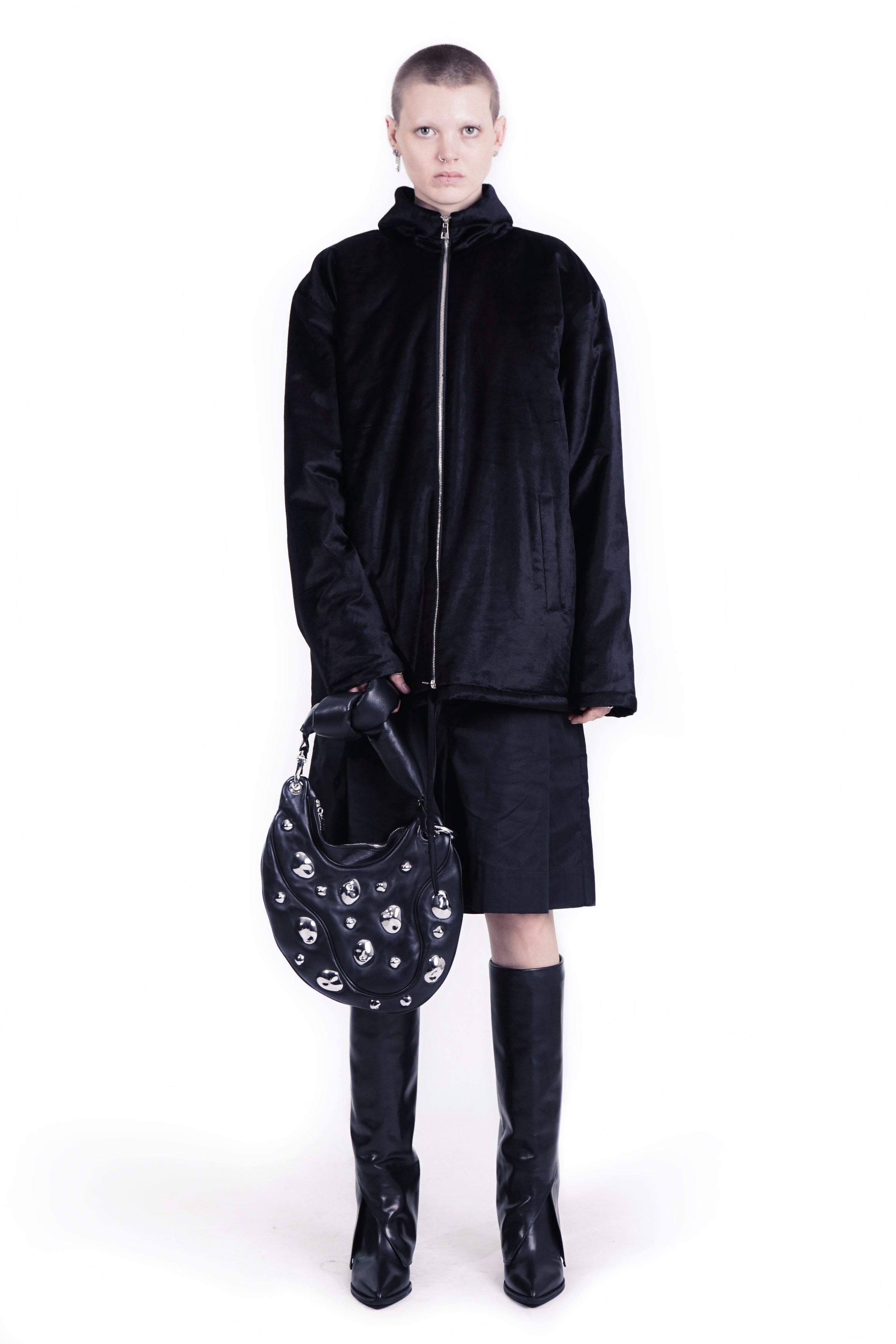Front view of black velvet zip jacket with stand collar