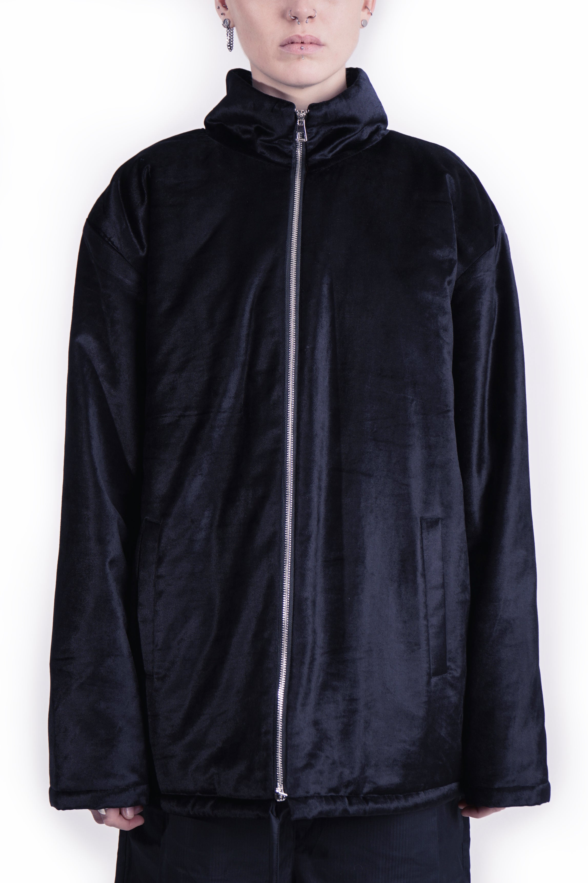 Black velvet jacket with minimal zip-front construction