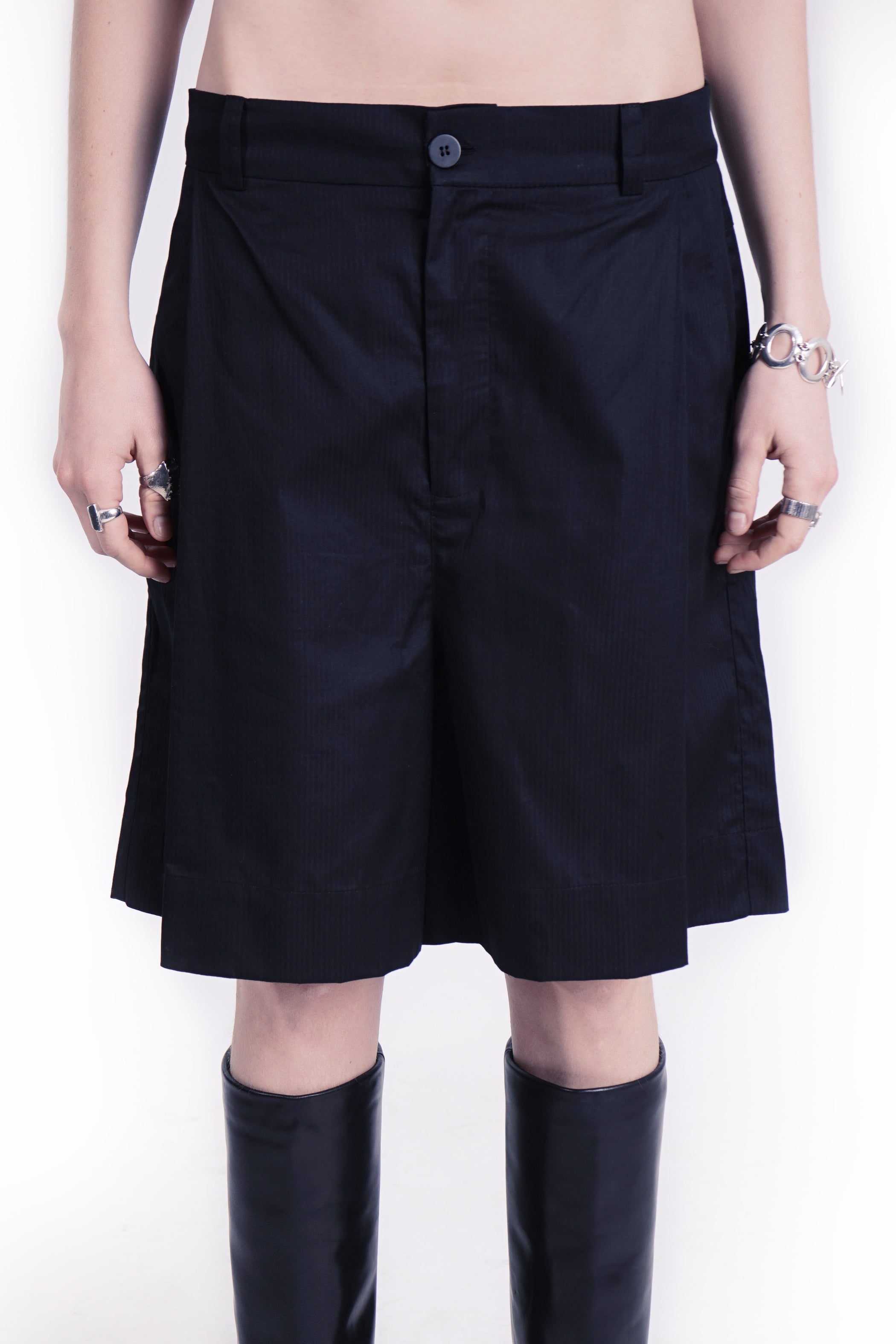 Black wide tailored shorts with deep pleat construction