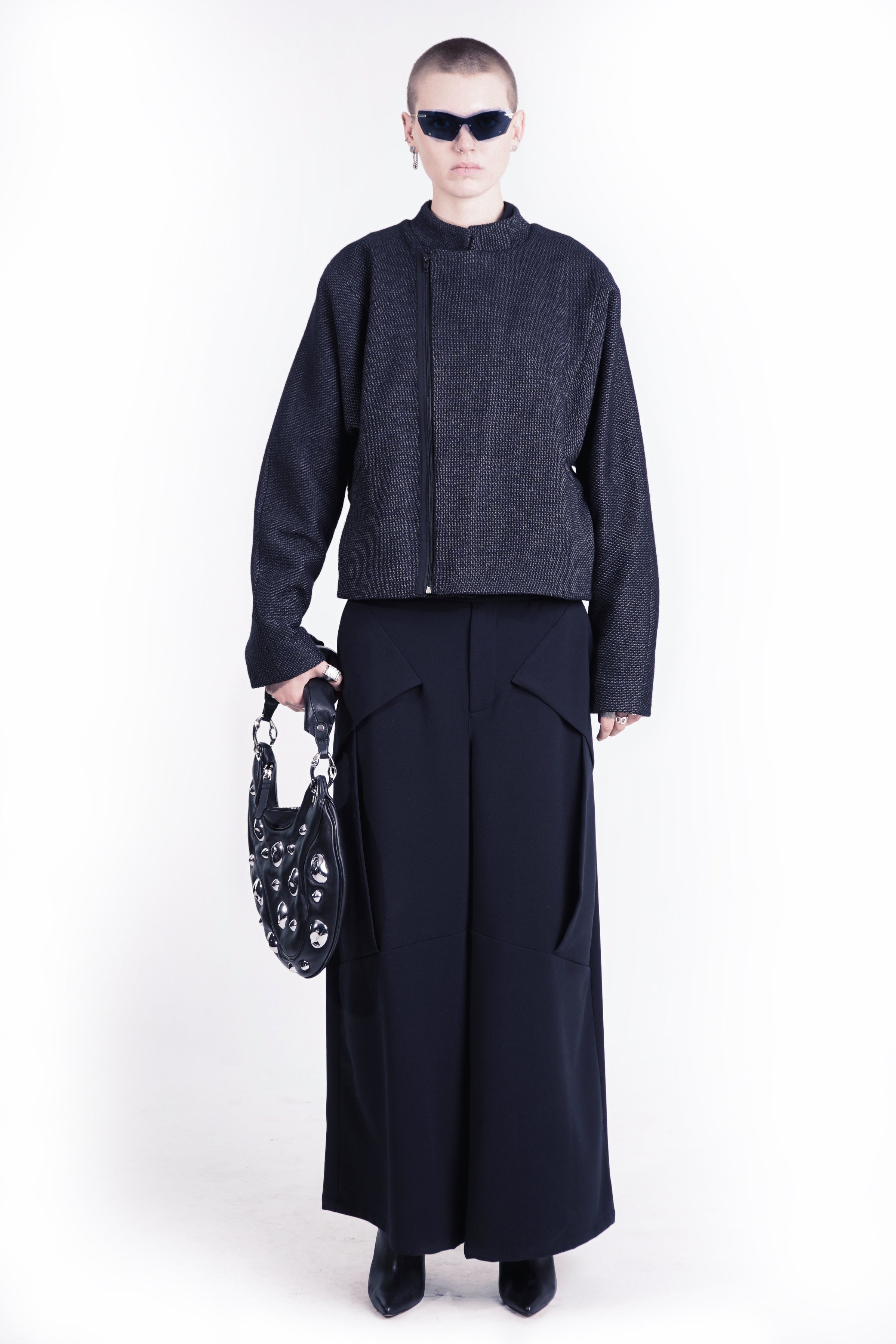 Front view of black geometric layers wide-leg  trousers