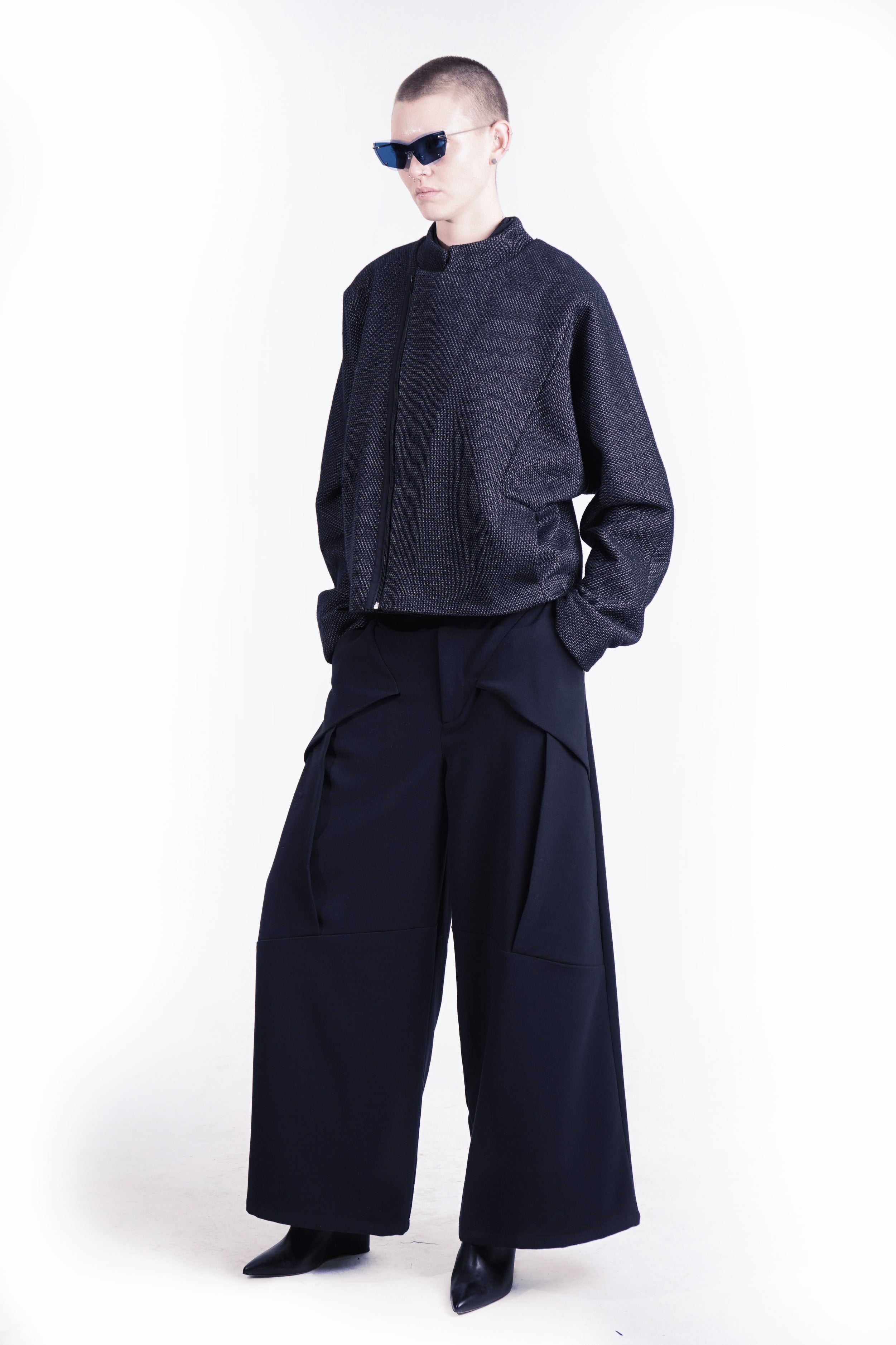 G77 Short Cropped Blouson Jacket — detail: zip closure and bat sleeve and pocket 
