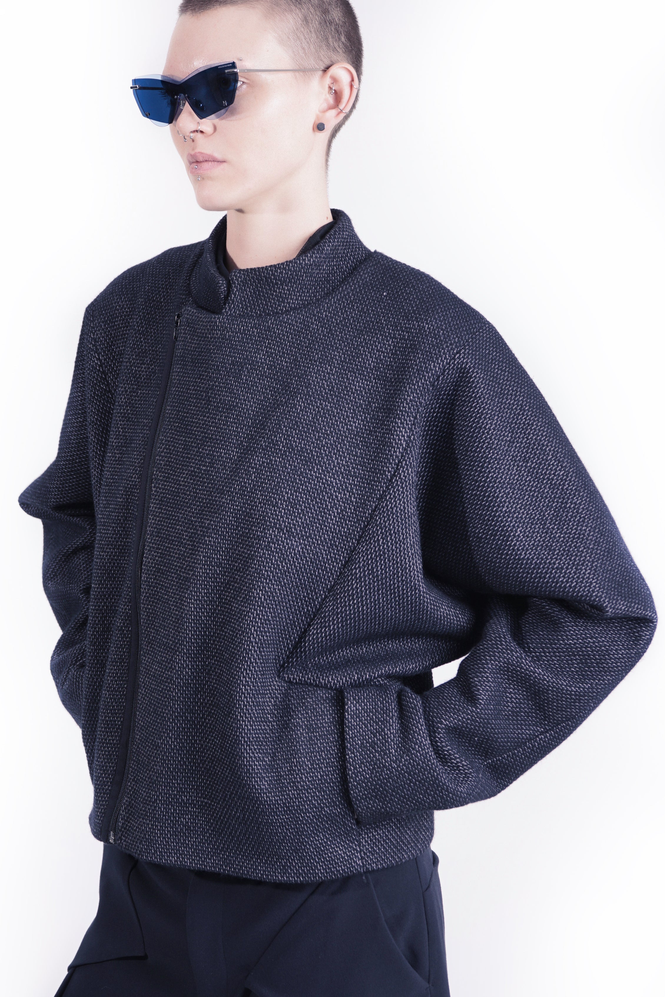 G77 Short Cropped Blouson Jacket — Side view of contemporary cropped jacket silhouette
