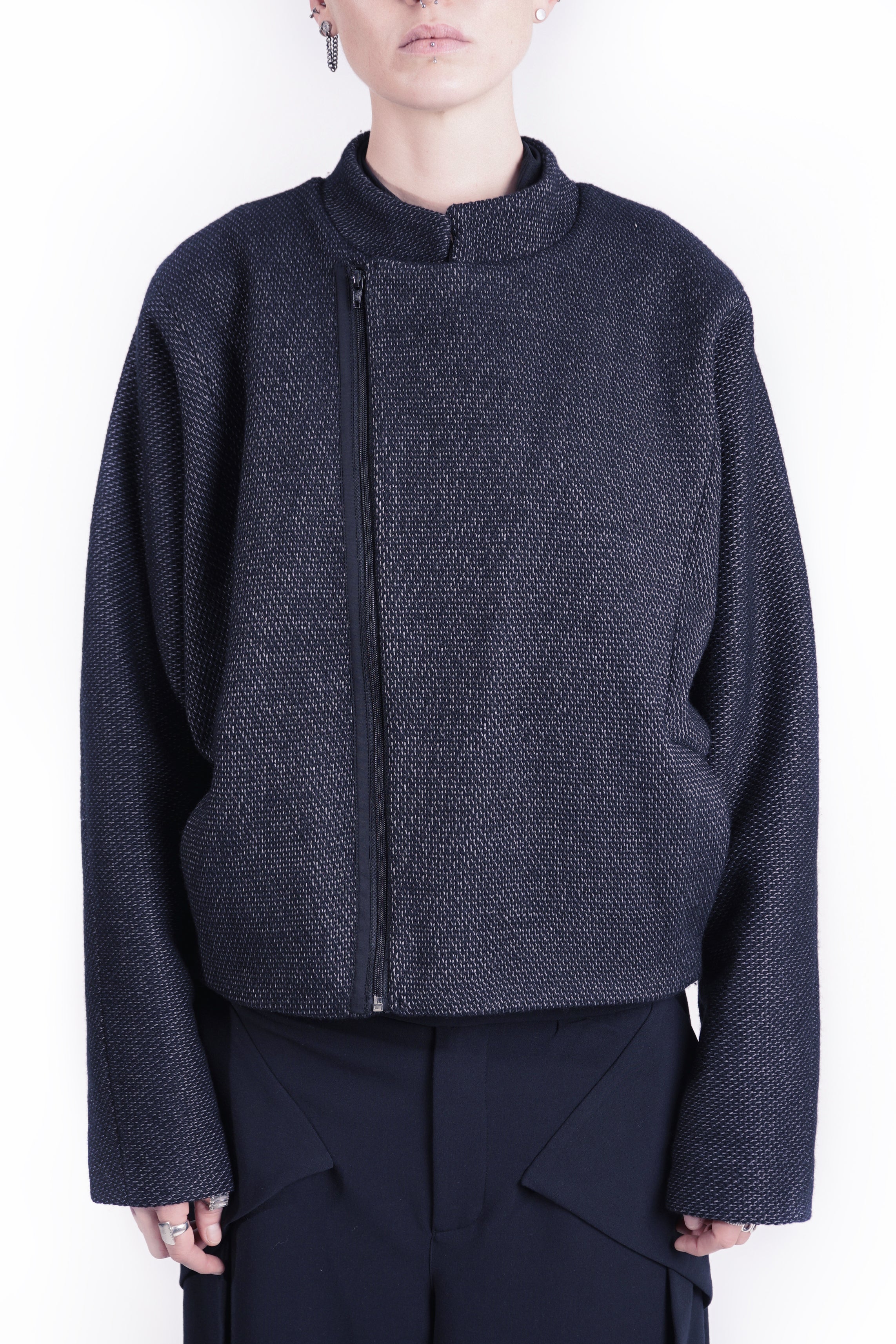 G77 Short Cropped Blouson Jacket — Minimal cropped outerwear jacket in black