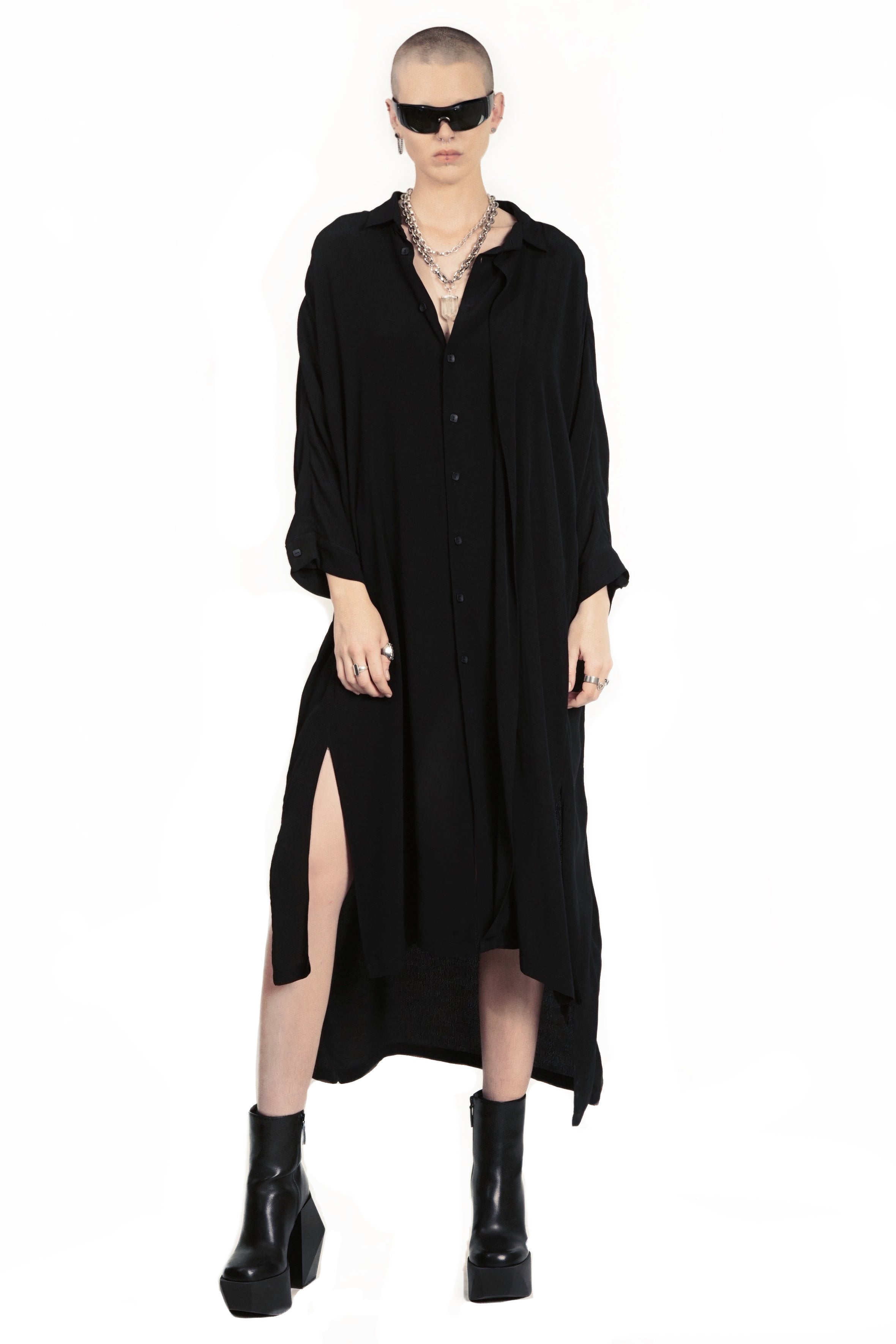 Oversized black maxi shirt with flap detailing
