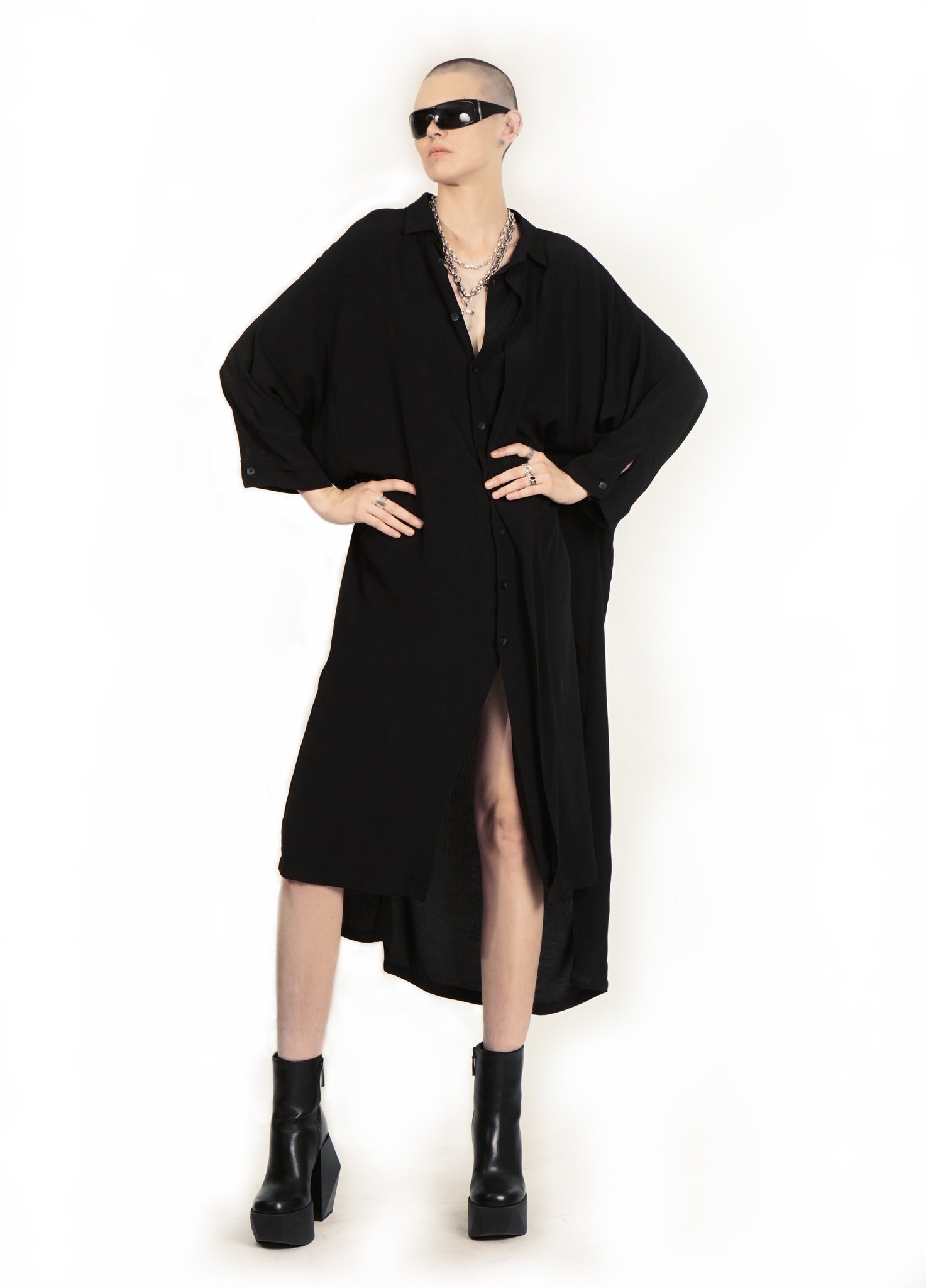 B62E  Oversized Flap Maxi Shirtdress Midi Sleeve