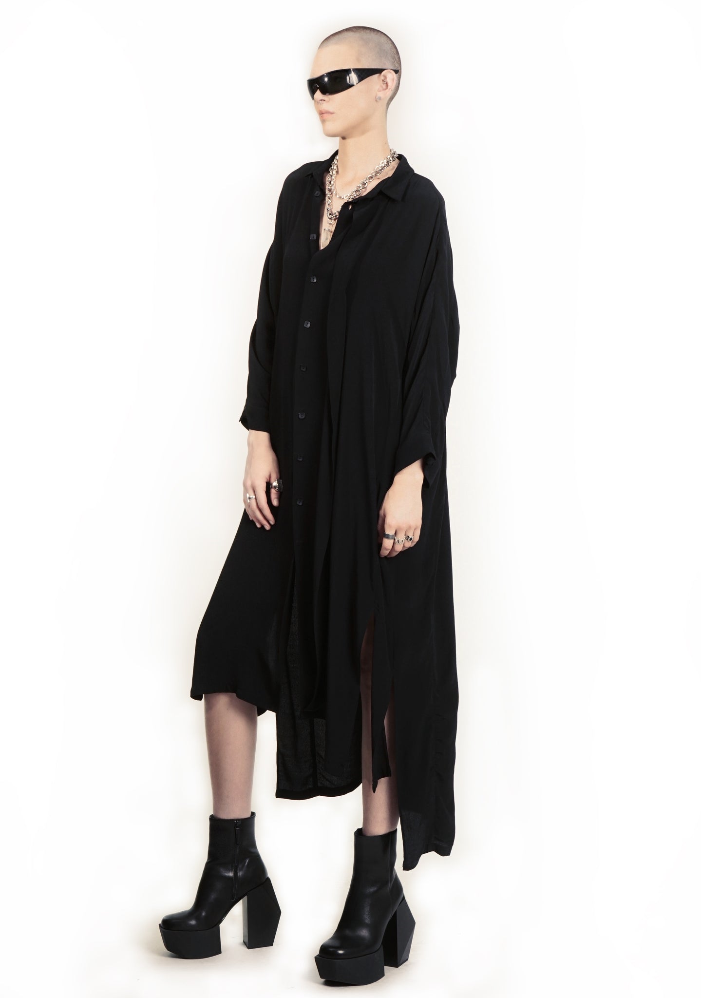 B62E  Oversized Flap Maxi Shirtdress Midi Sleeve