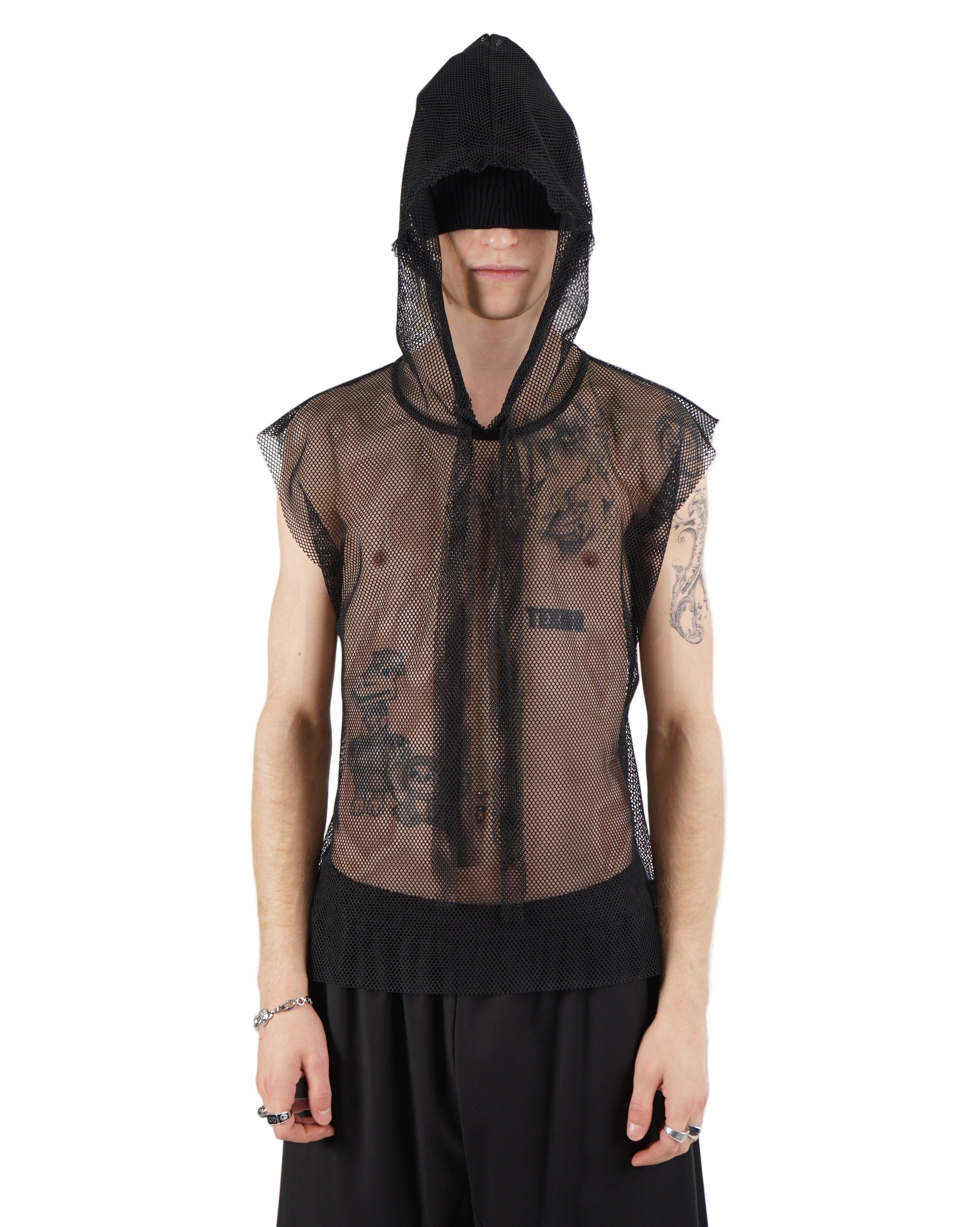 Monochrom – Sleeveless Mesh Hooded Top – Black MTR1