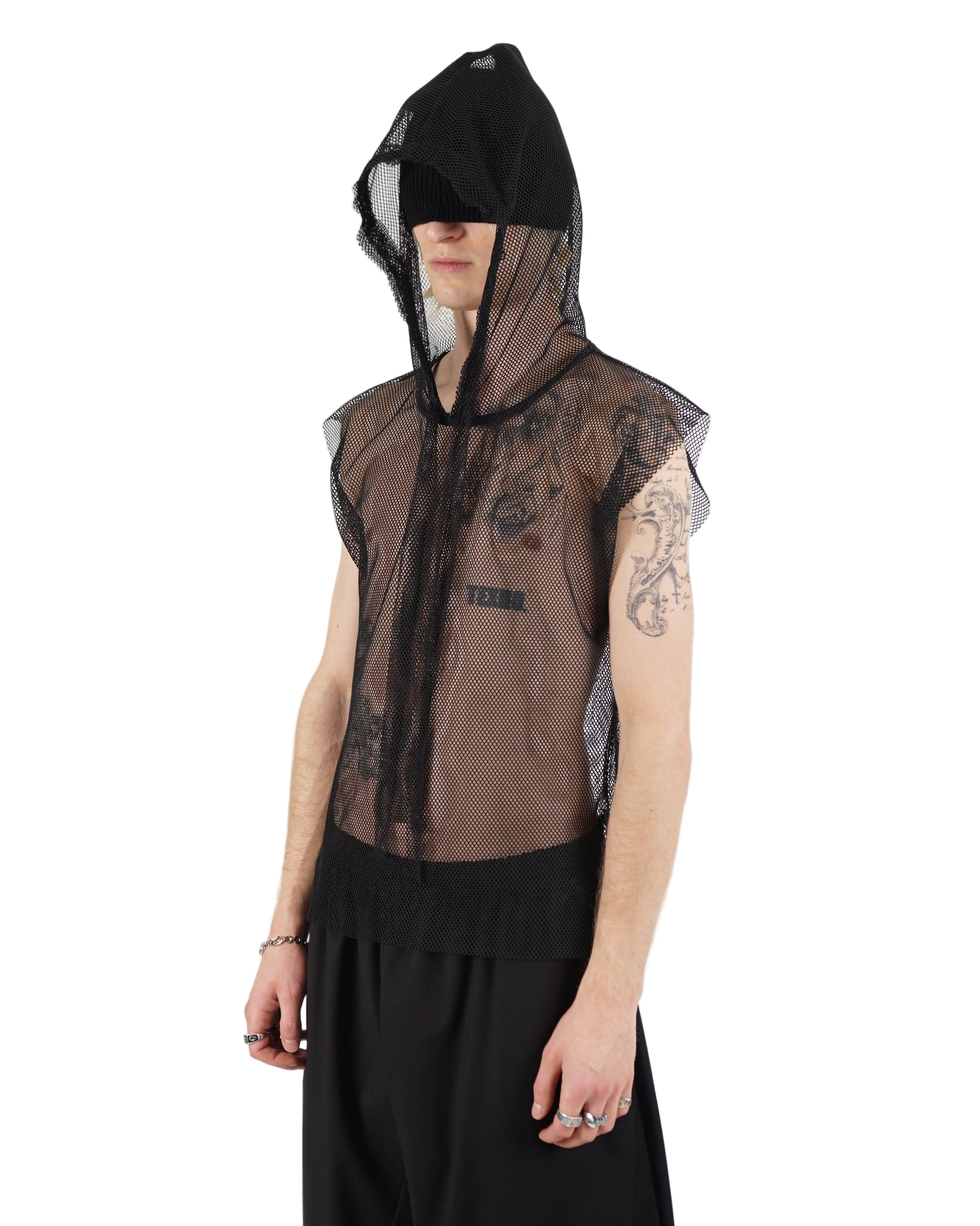 Monochrom – Sleeveless Mesh Hooded Top – Black MTR1