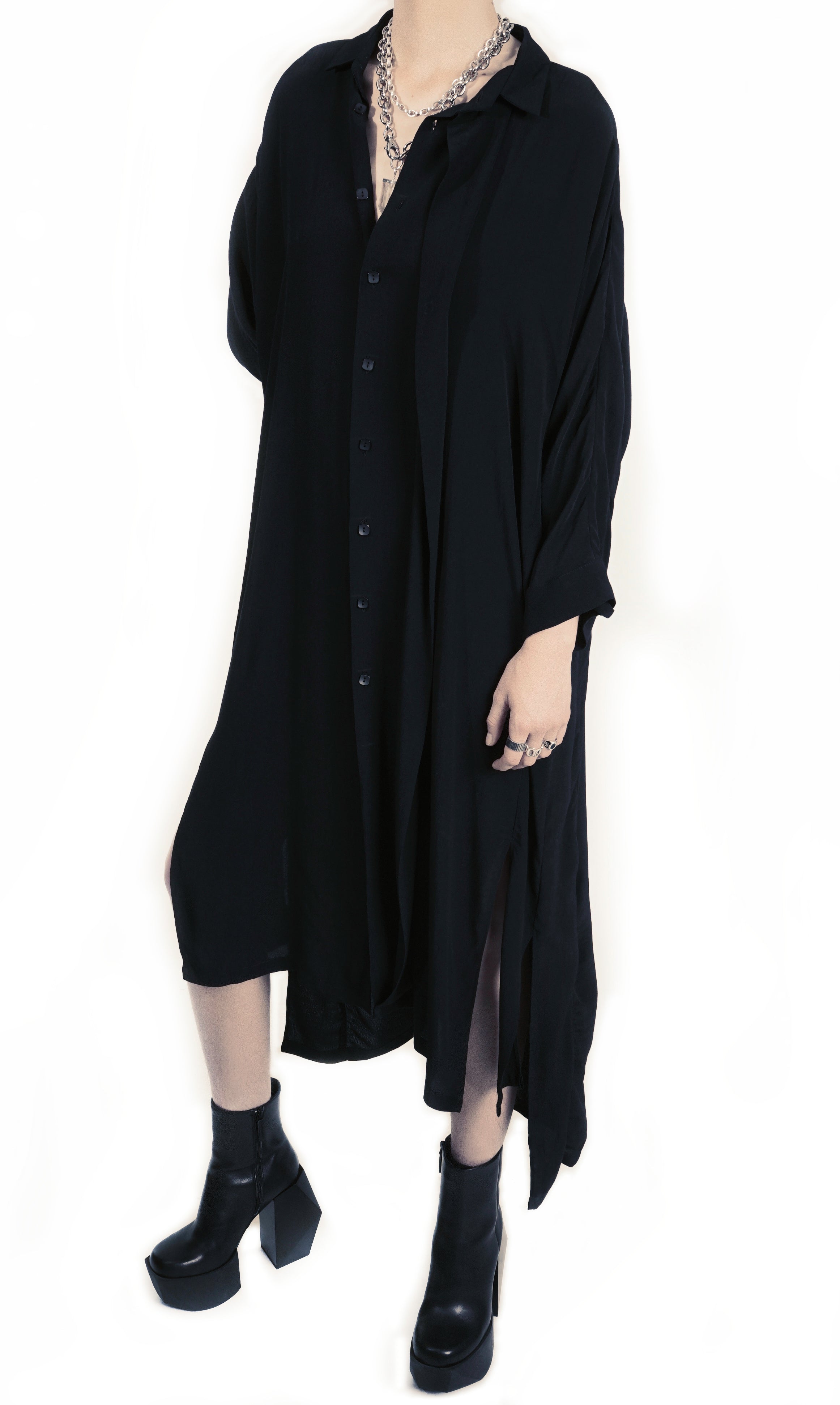 B62L Oversized Flap Maxi Shirt Dress Midi Sleeve – Black | Adddress