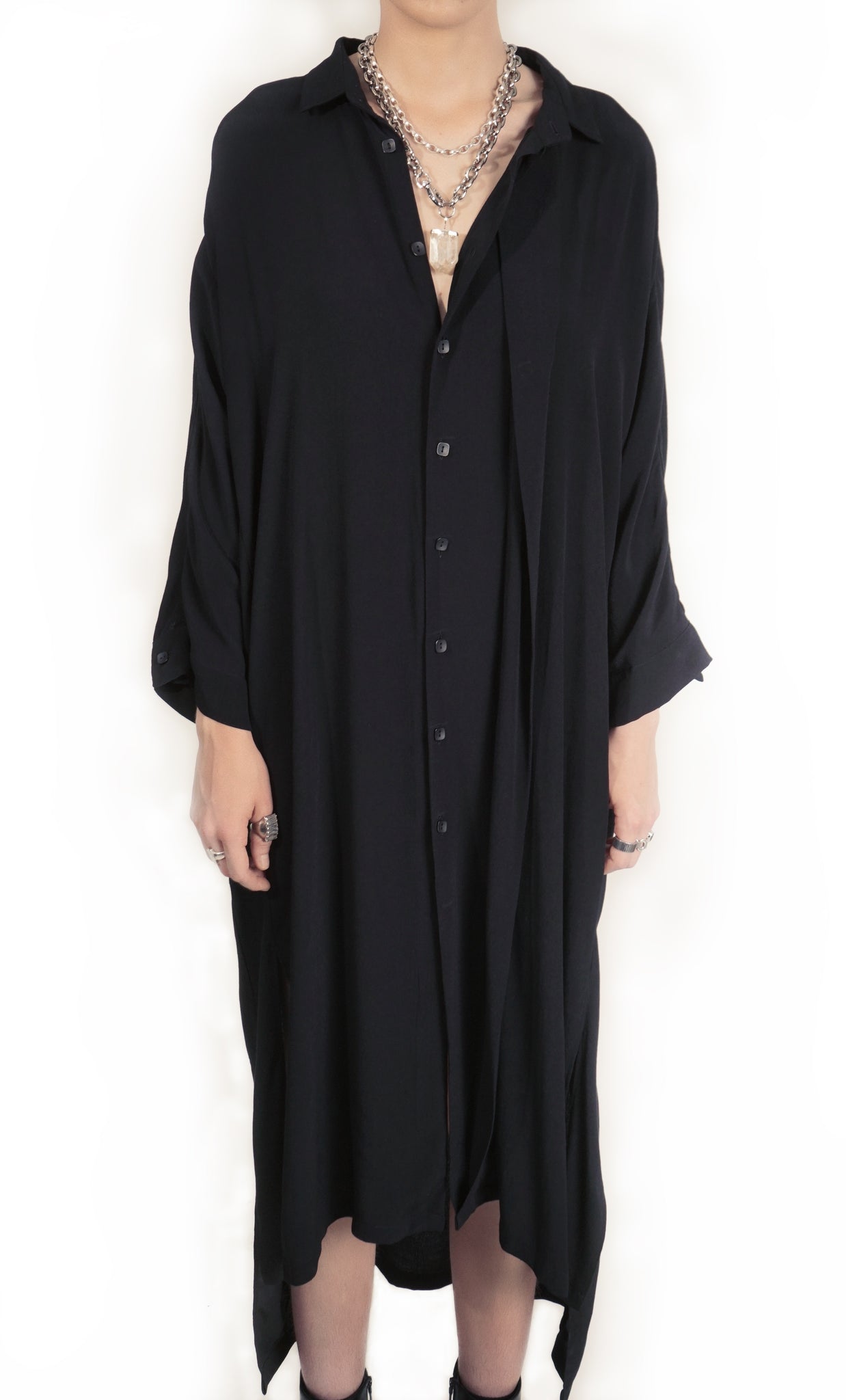 B62E  Oversized Flap Maxi Shirtdress Midi Sleeve