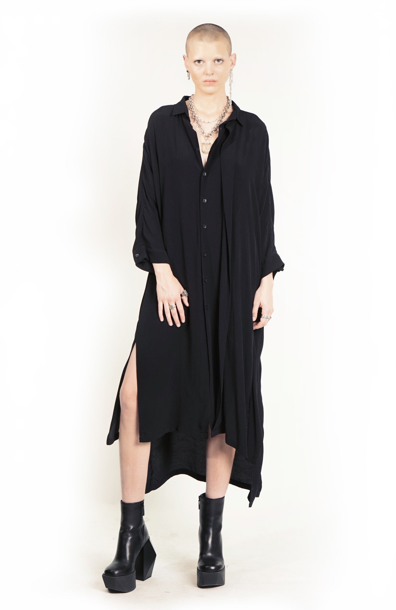 B62E  Oversized Flap Maxi Shirtdress Midi Sleeve