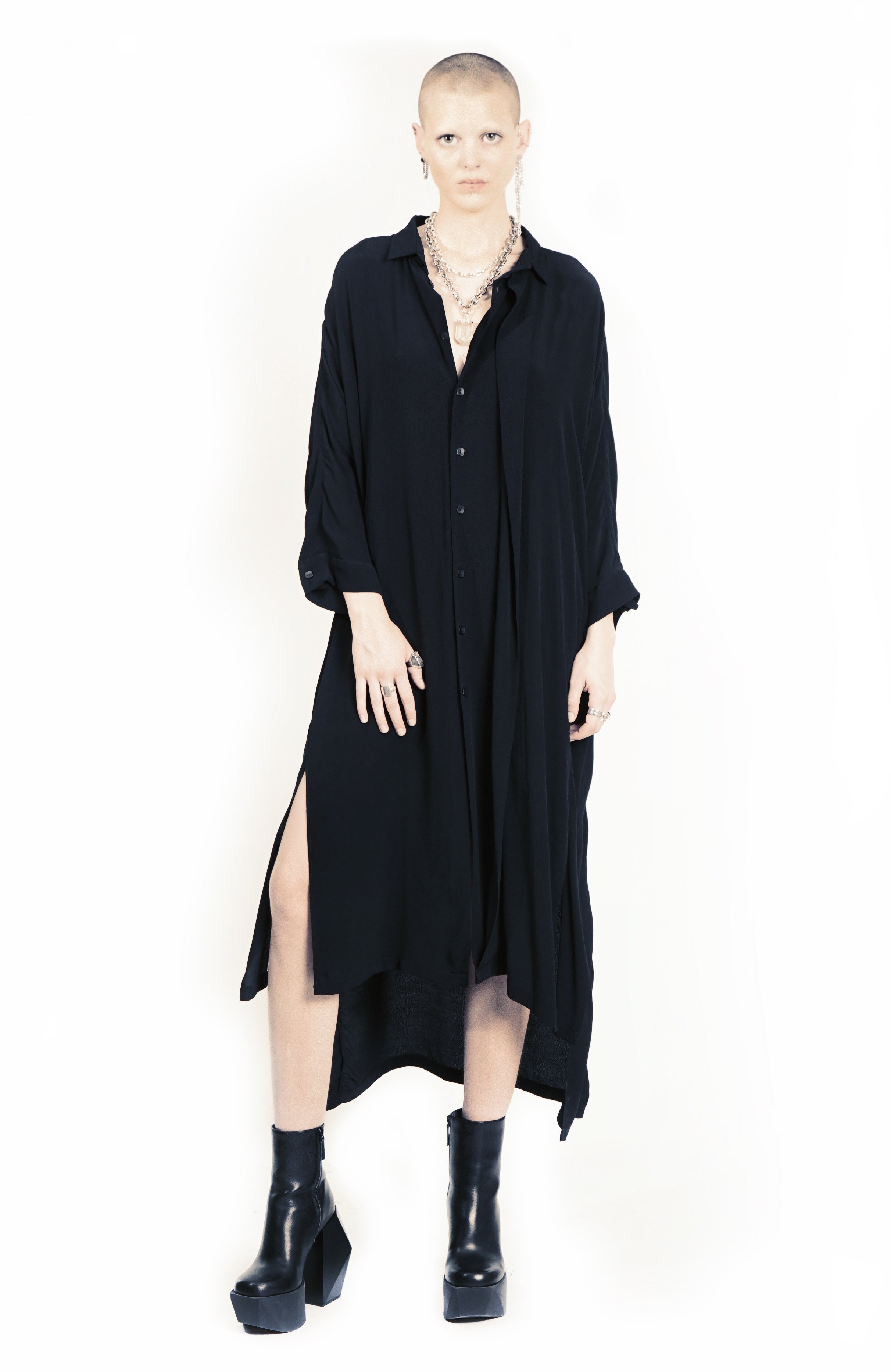 B62L Oversized Flap Maxi Shirt Dress Midi Sleeve – Black | Adddress