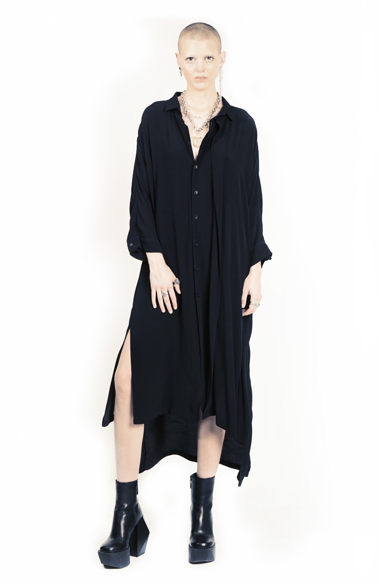 B62E  Oversized Flap Maxi Shirtdress Midi Sleeve