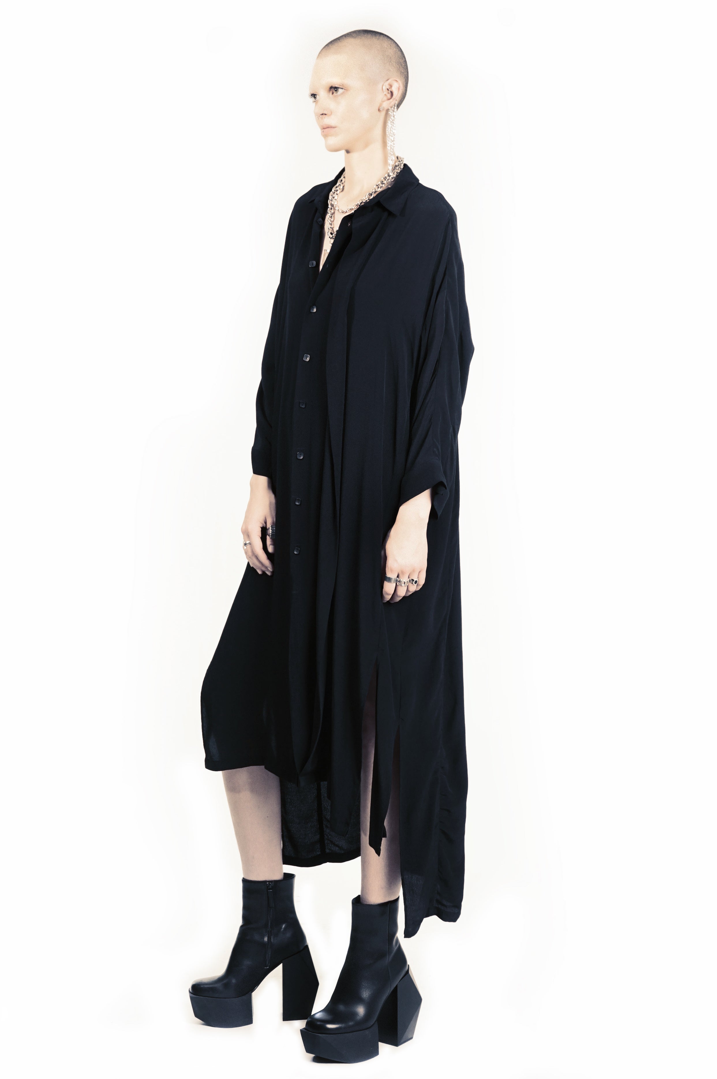 B62L Oversized Flap Maxi Shirt Dress Midi Sleeve – Black | Adddress