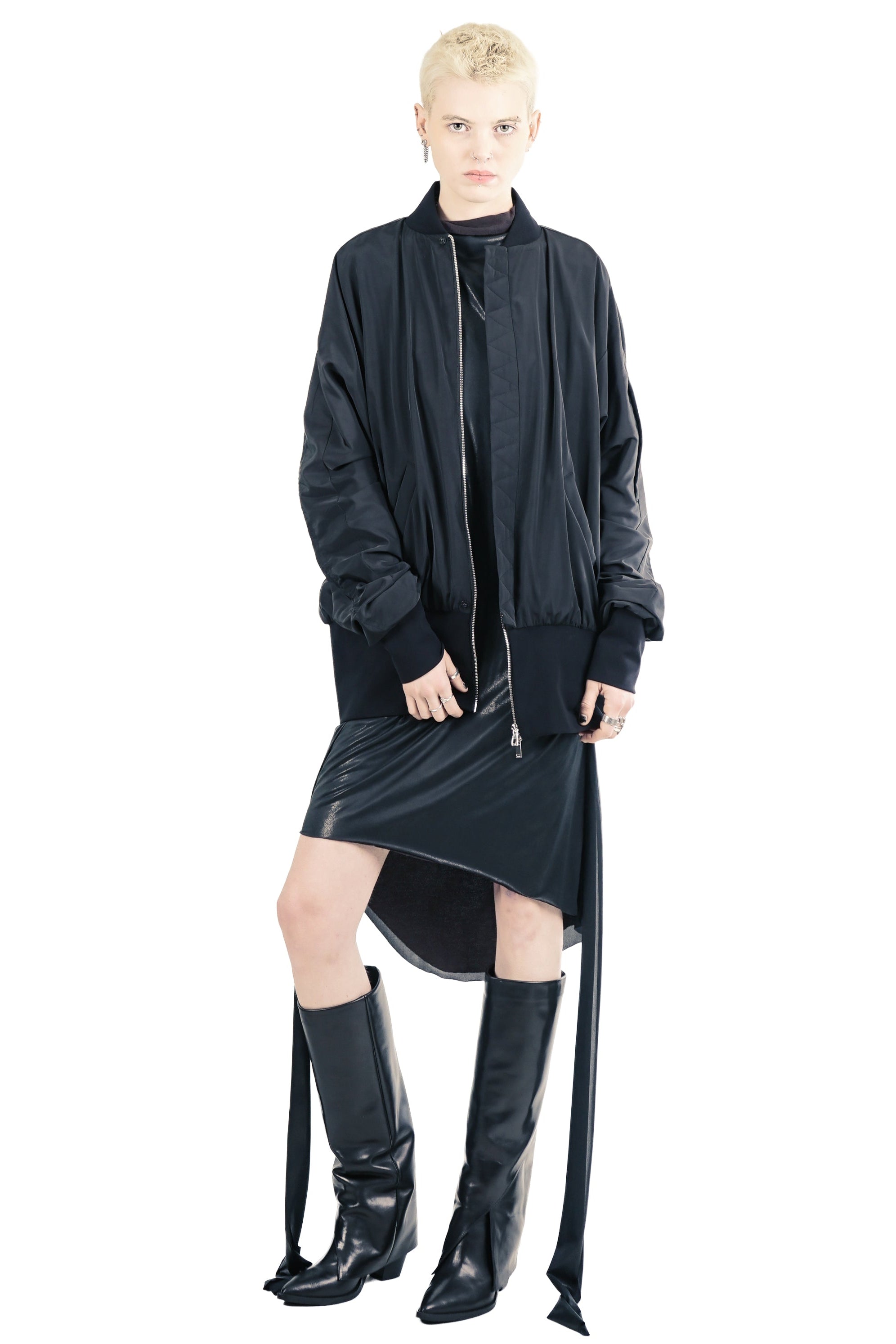 Front view of black long bomber jacket with zip closure