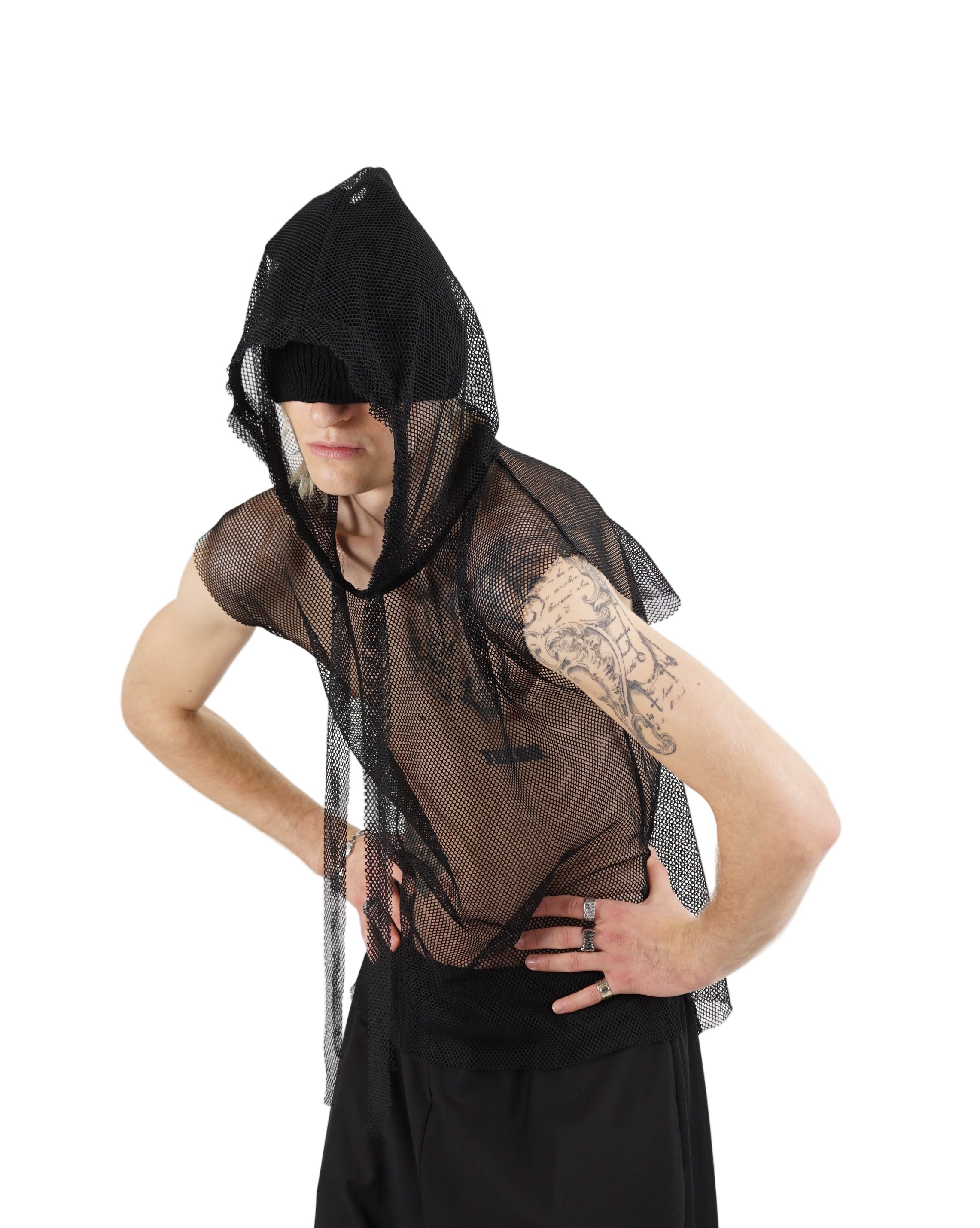 Monochrom – Sleeveless Mesh Hooded Top – Black MTR1