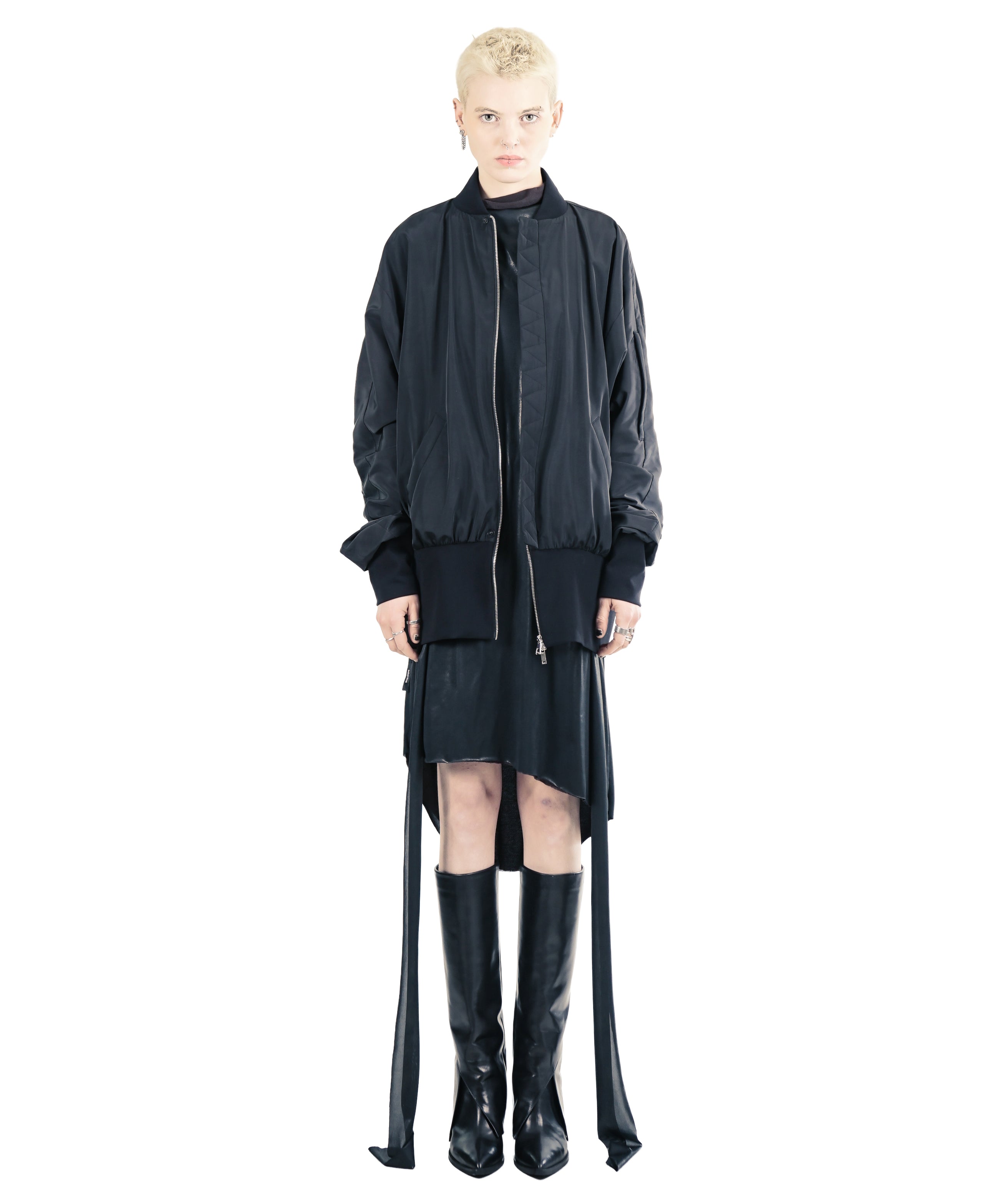 Elongated bomber jacket with gathered double-layer back detail