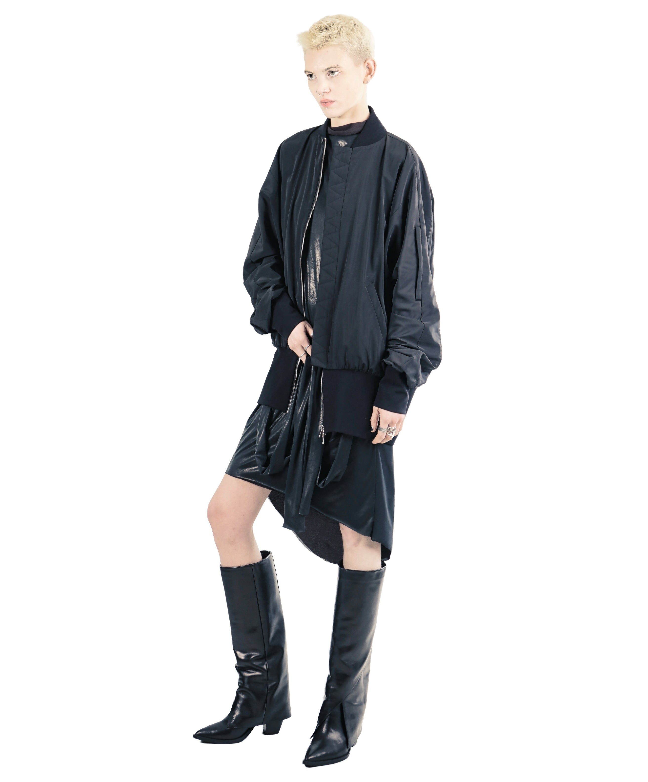 Black unisex bomber jacket with ribbed collar and cuffs
