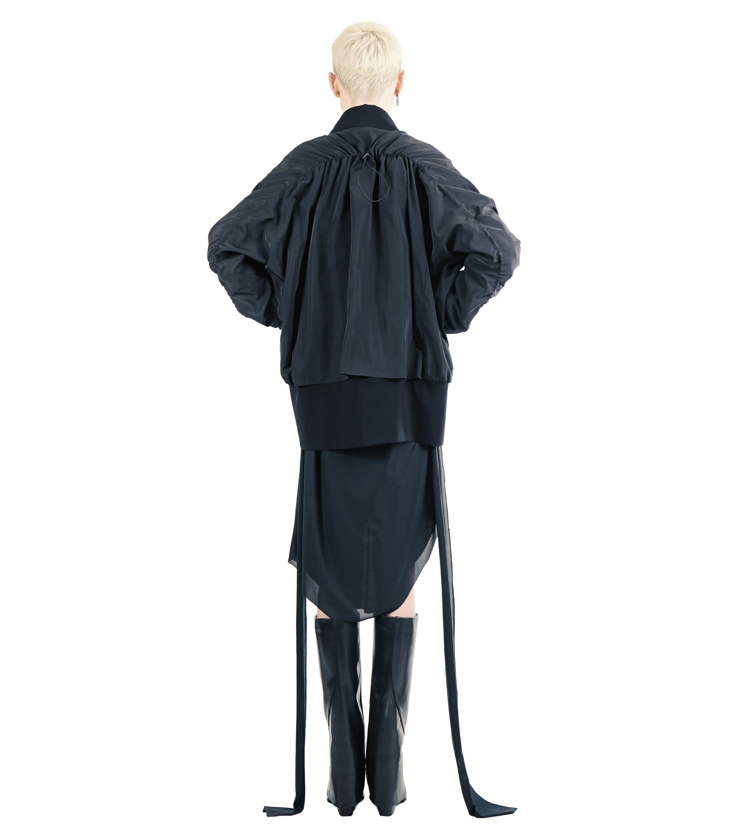 Adddress long bomber jacket in black with gathered back panel