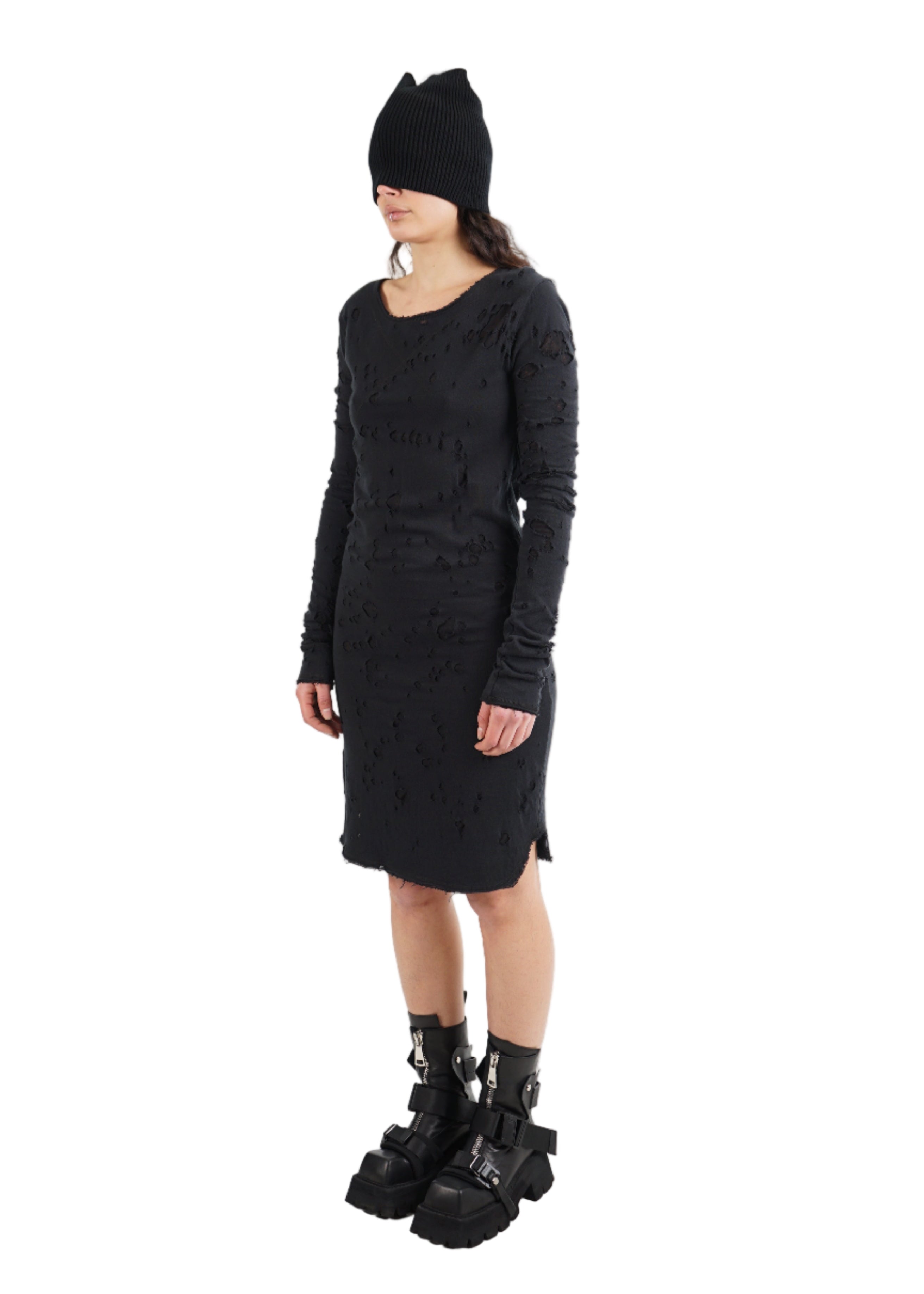 BLACK by Kim - D272.02.02 “Meet Me in the Be Back” Distressed Long Sleeve Dress