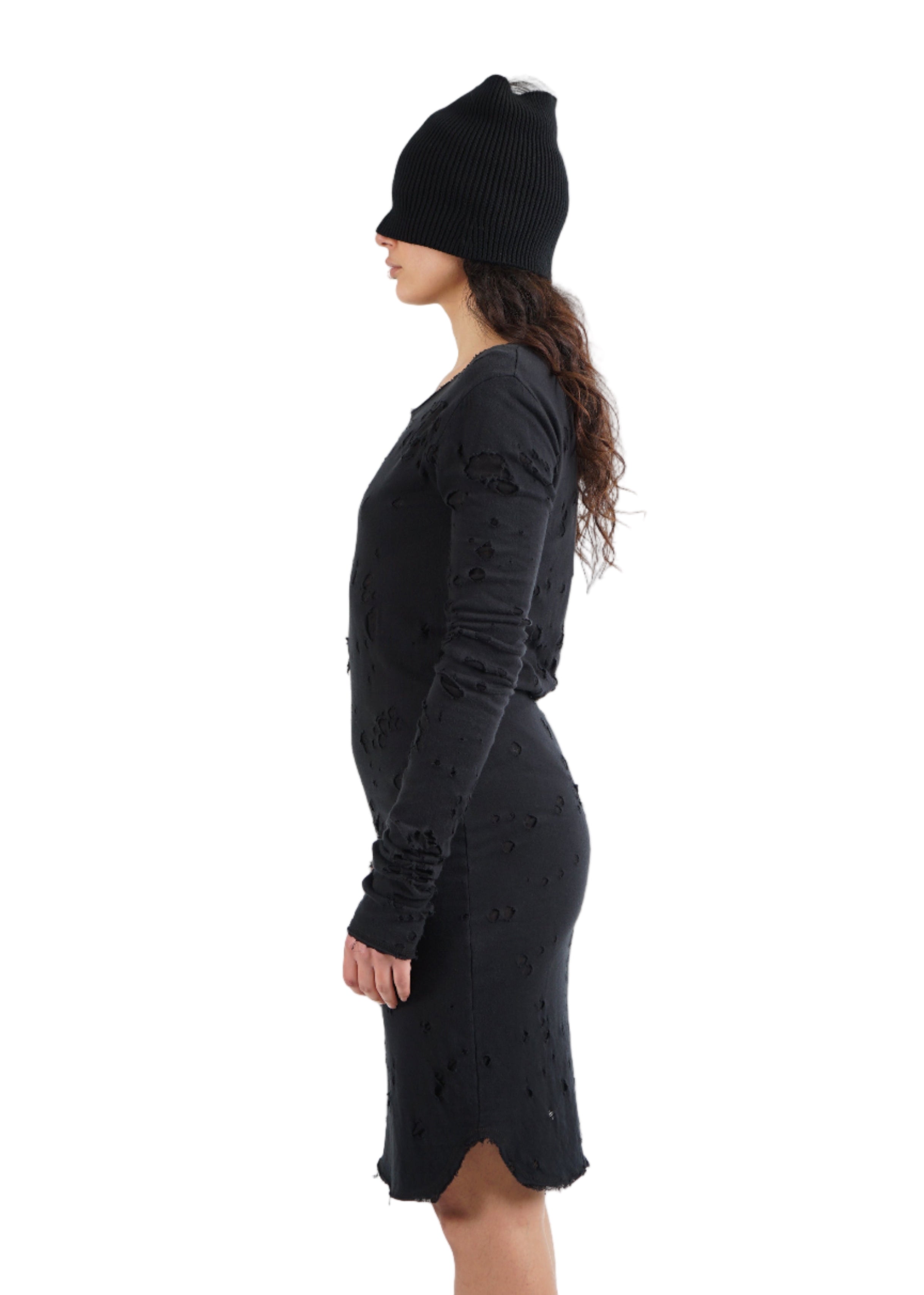 BLACK by Kim - D272.02.02 “Meet Me in the Be Back” Distressed Long Sleeve Dress