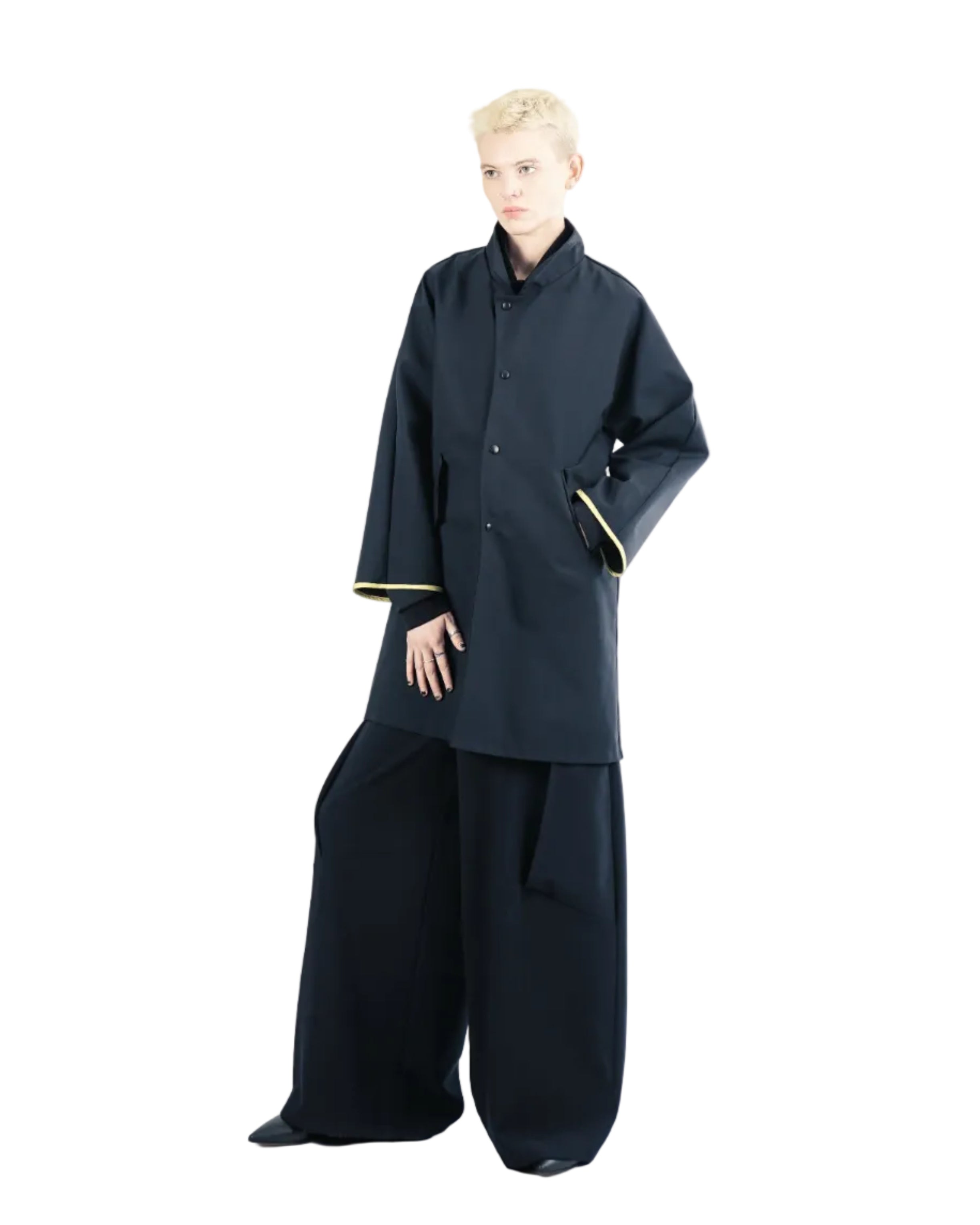 Minimalist navy coat side profile