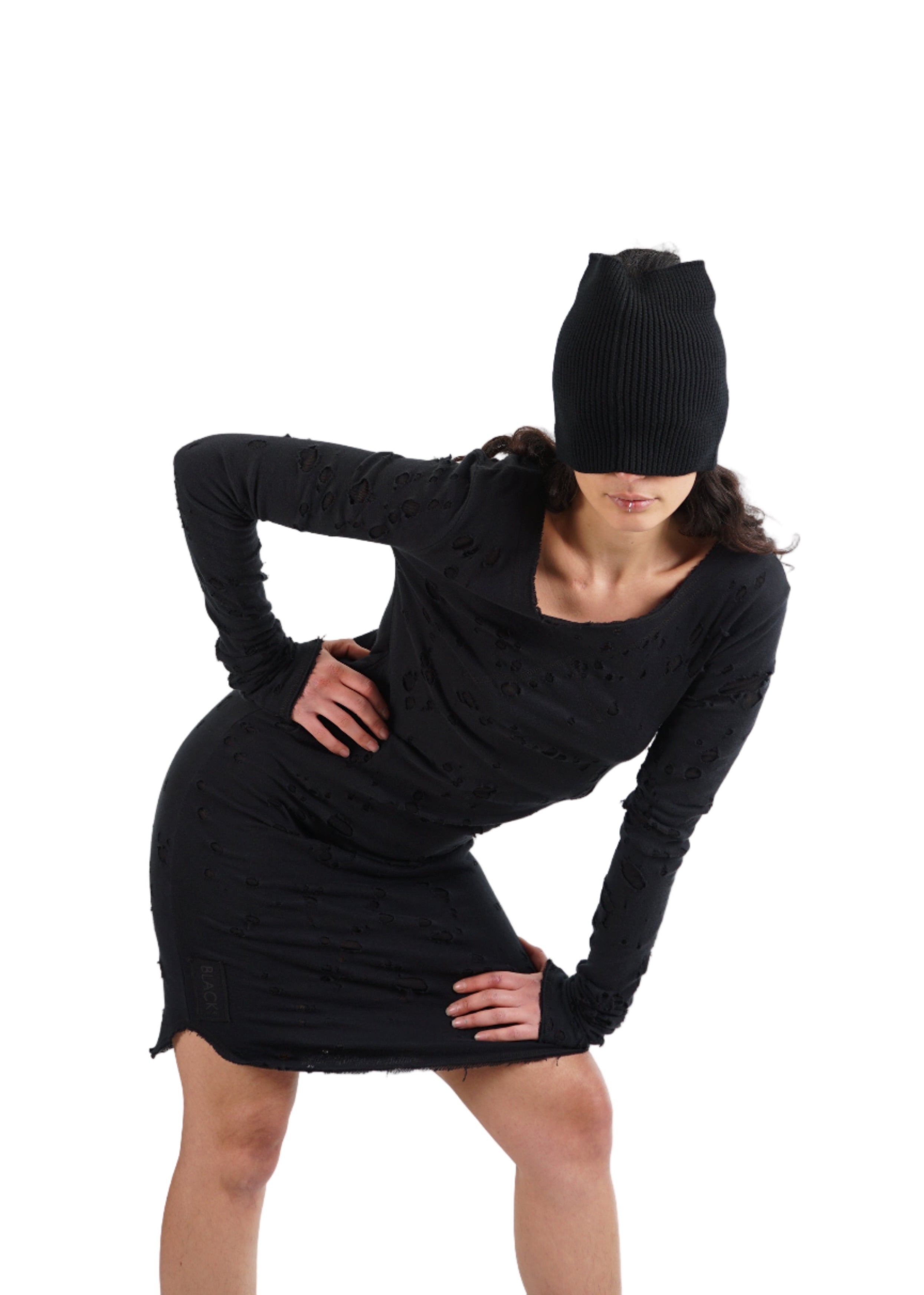 BLACK by Kim - D272.02.02 “Meet Me in the Be Back” Distressed Long Sleeve Dress