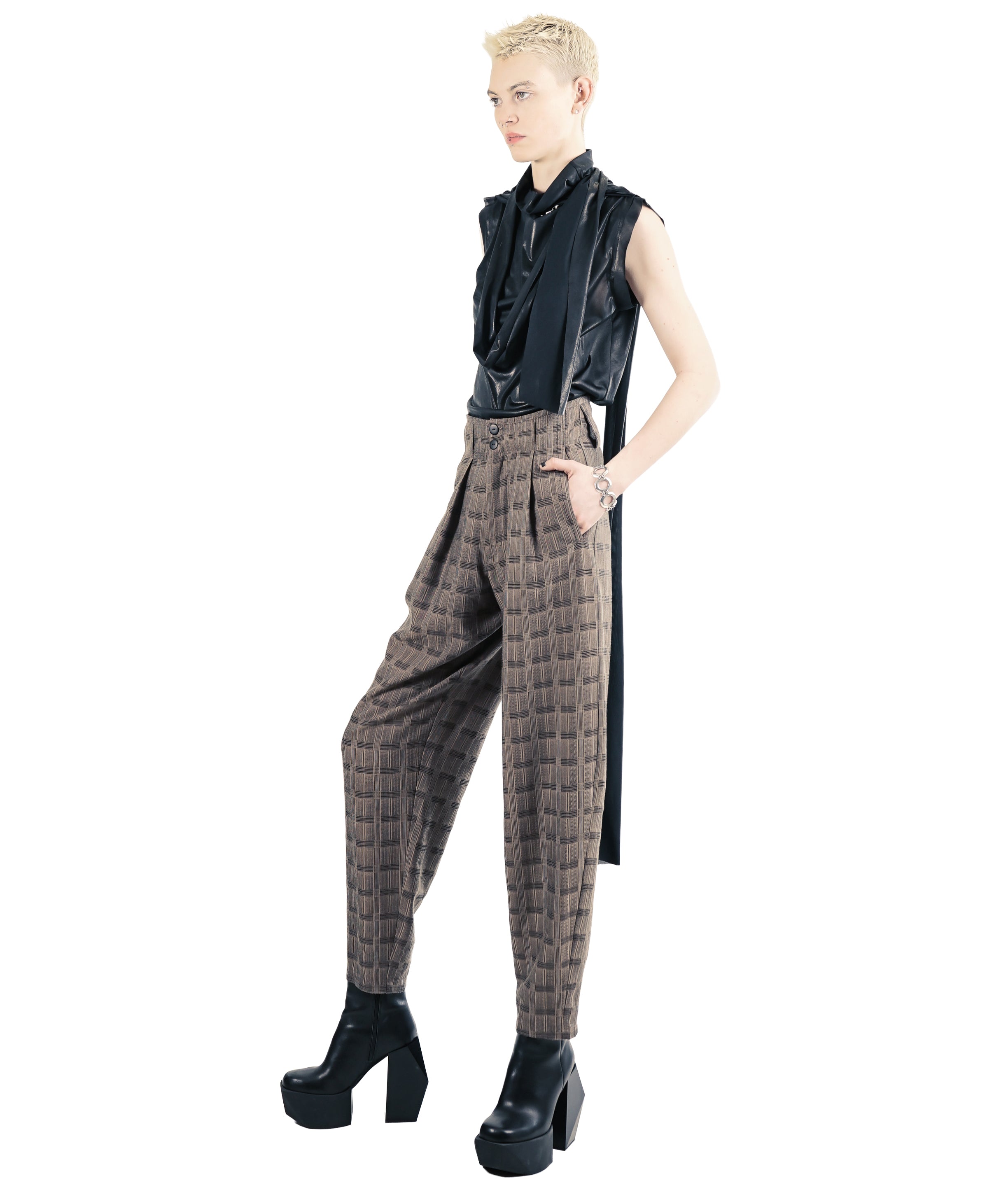 Side view of black Adddress trousers with minimal detailing and a high waist