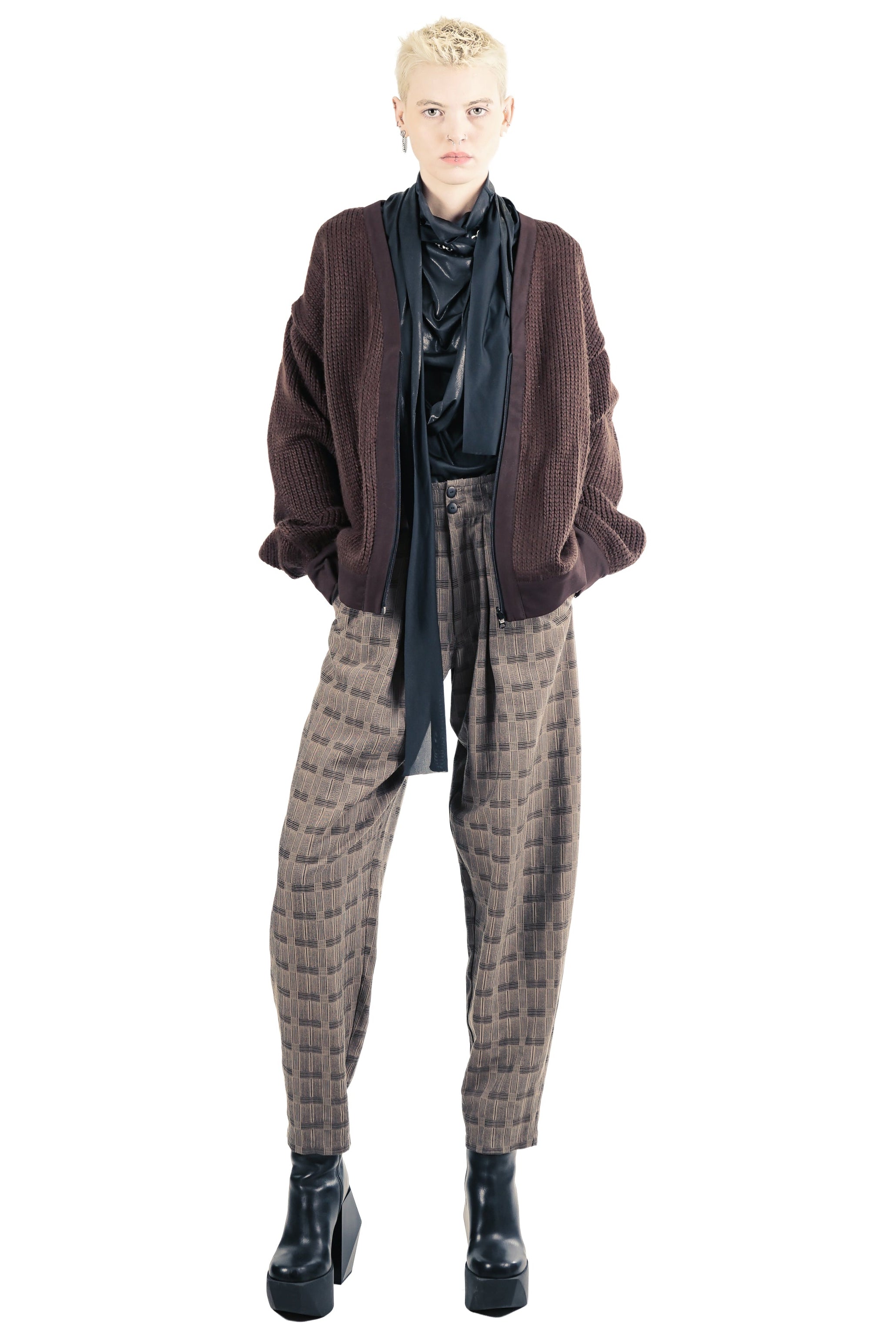Front view of brown technical cardigan with zip closure
