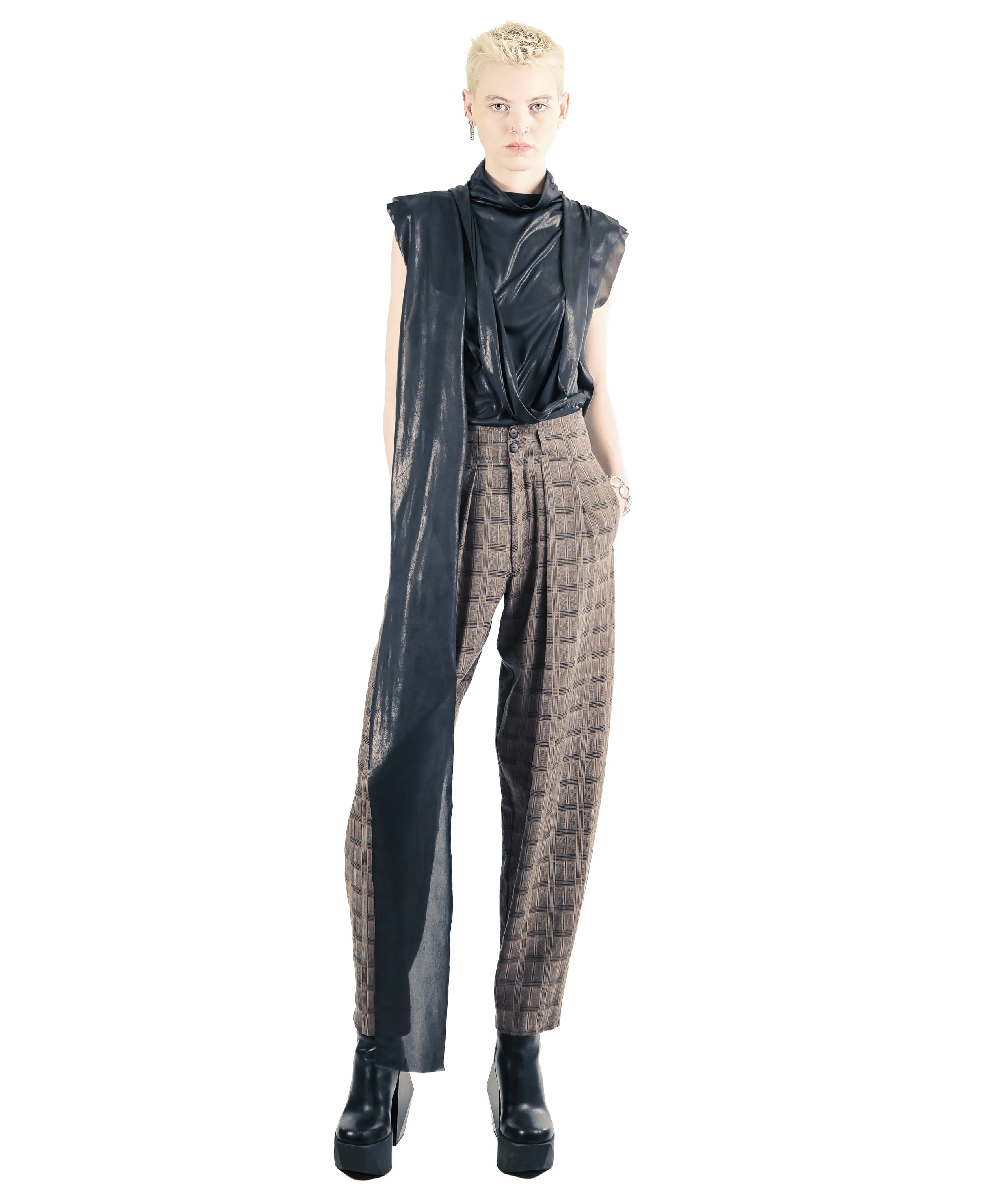 Black modular top with straight neckline and gathered string detail

