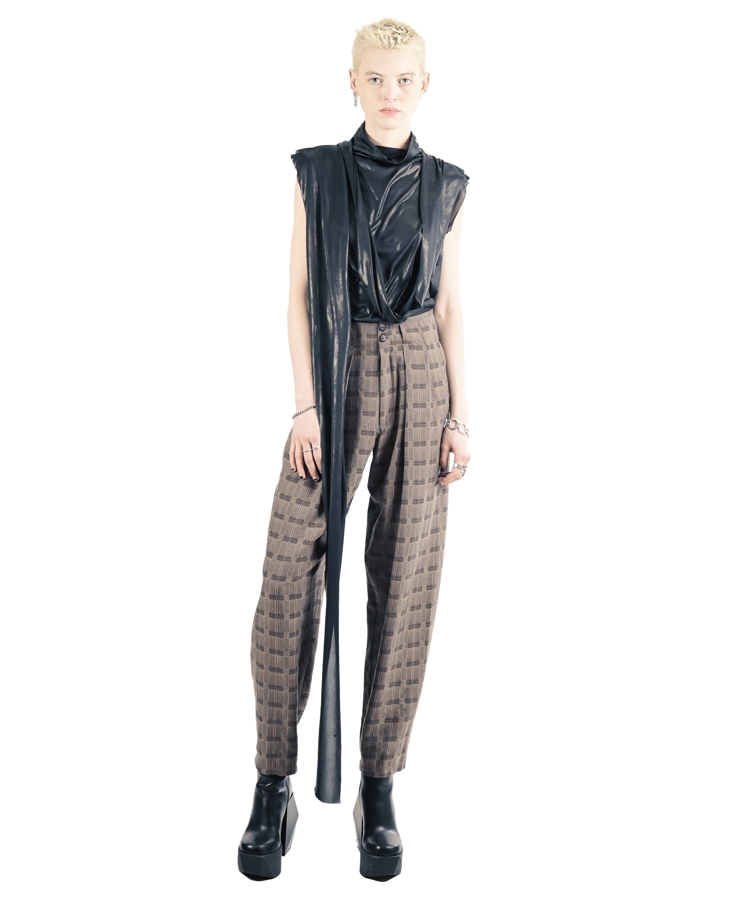 Black modular top with straight neckline and gathered string detail
