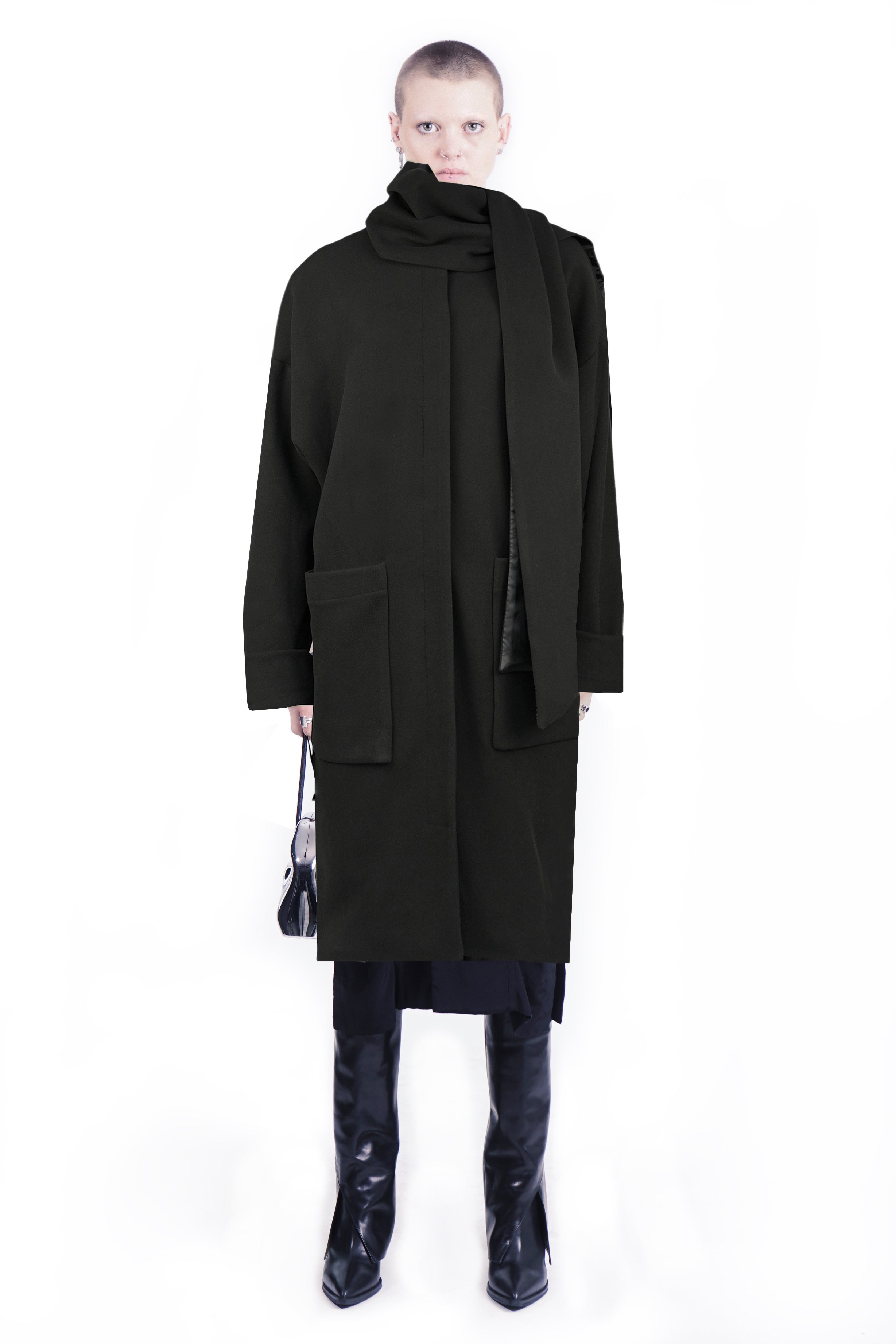 TAVA Oversized Coat with Scarf  - black I Adddress