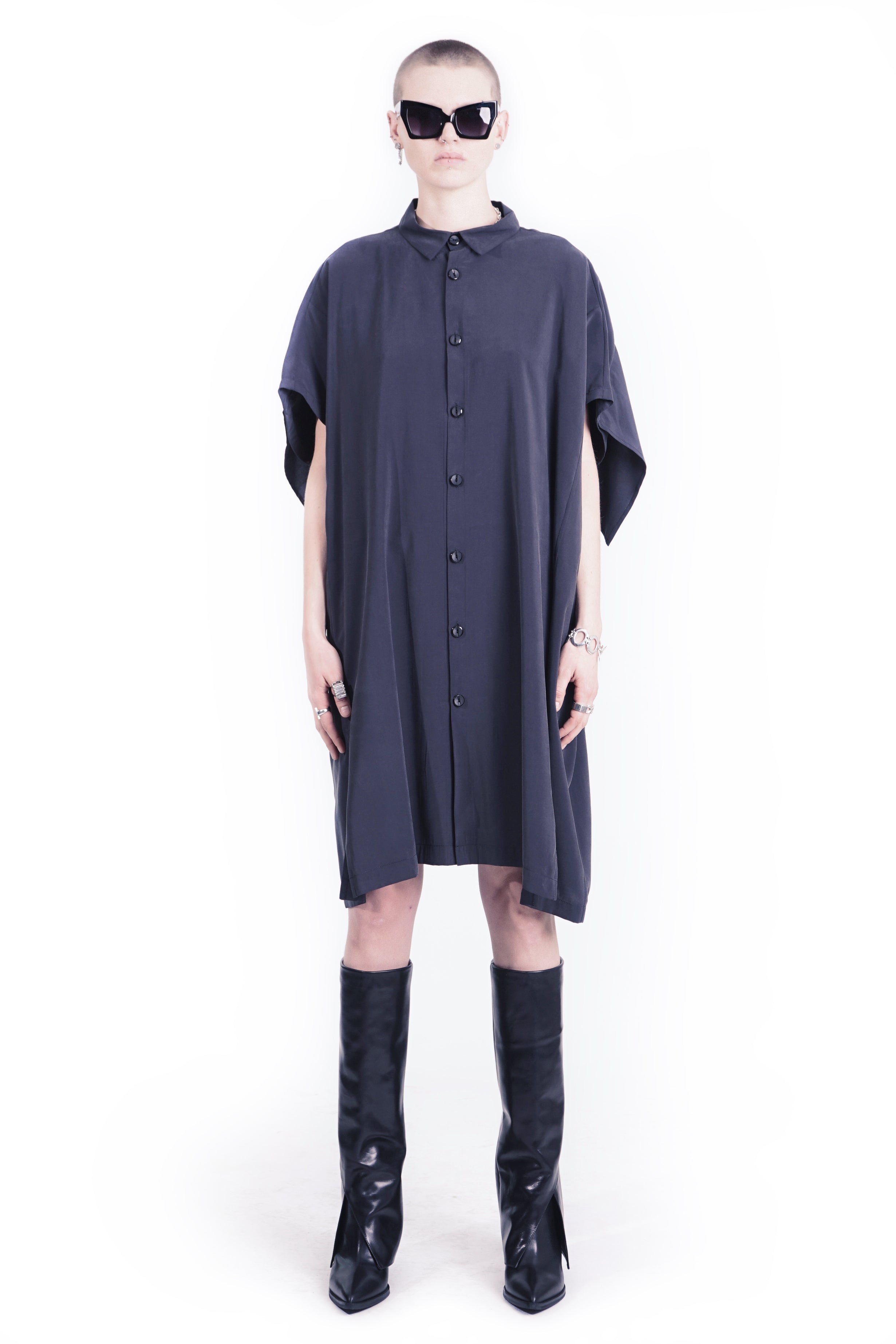 Black asymmetrical draped maxi dress front view