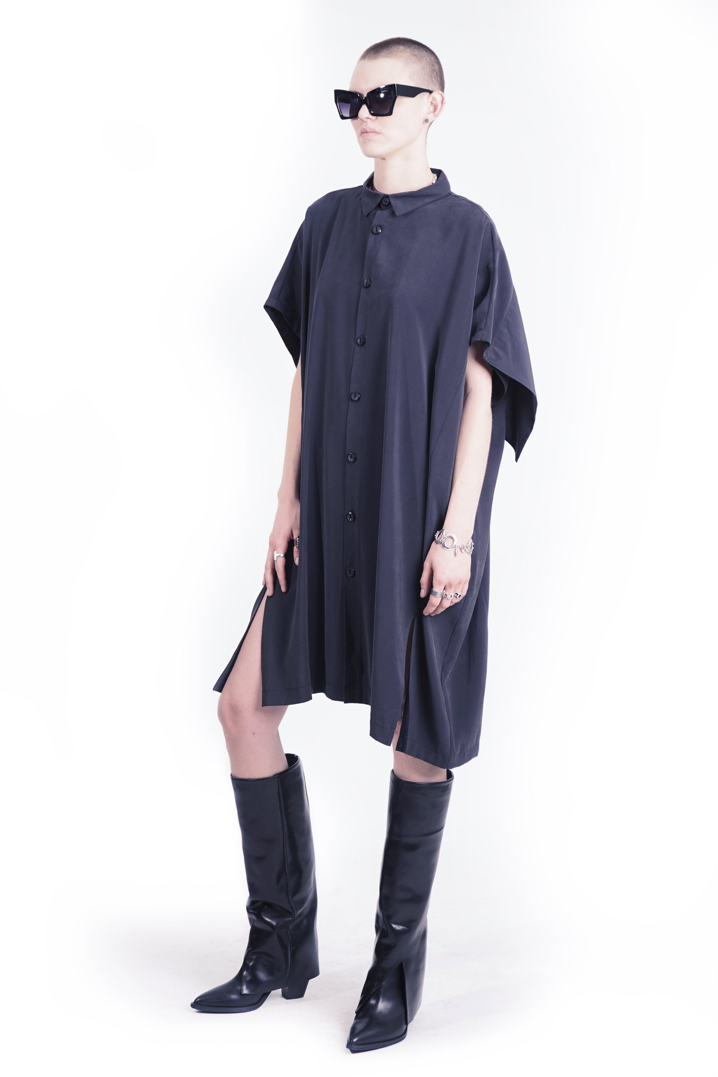 R204 Draped Oversized Shirt Dress – Black | Adddress