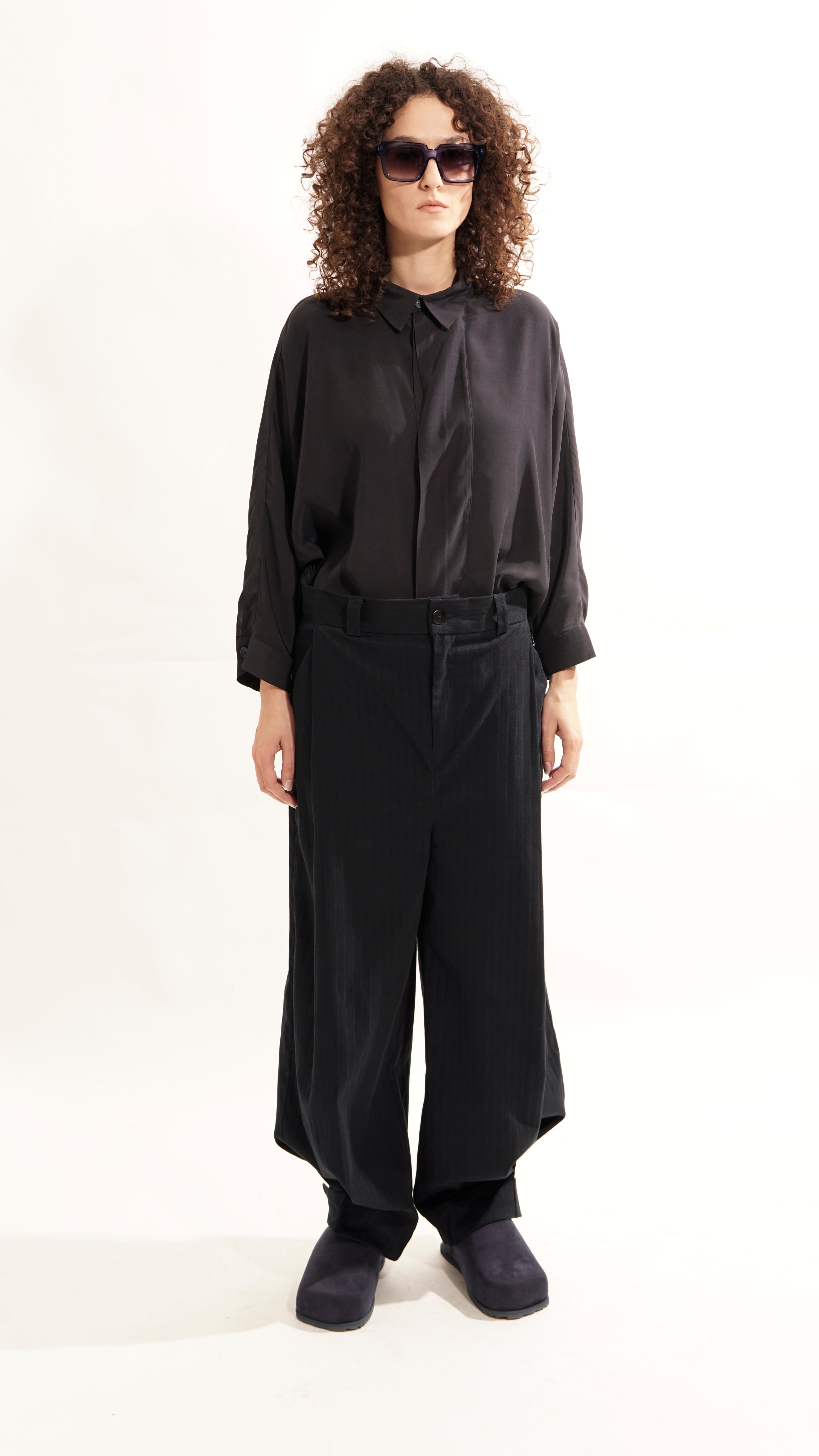 Front view of oversized blouse with concealed closure