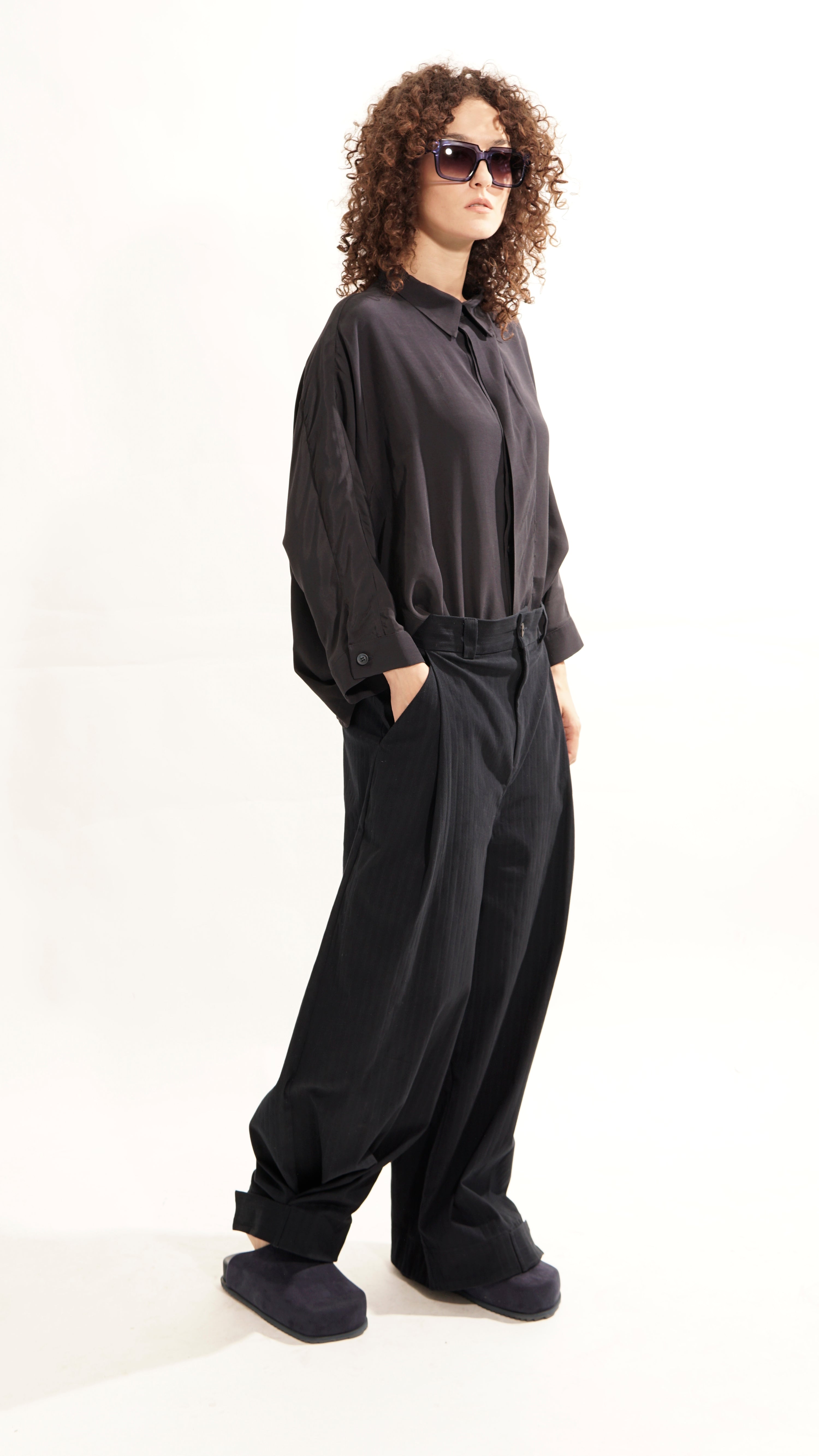 B62A Oversized Flap Blouse Midi Sleeve -Black I Adddress