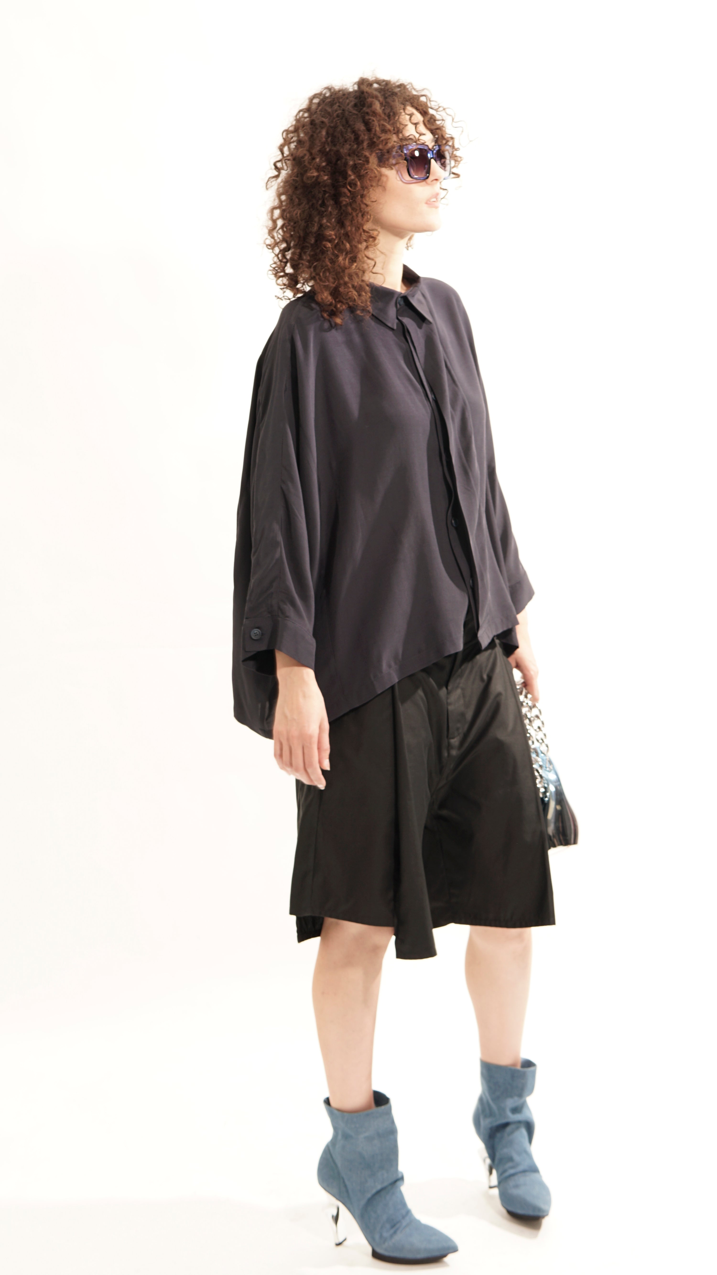 Front view of oversized blouse with concealed closure