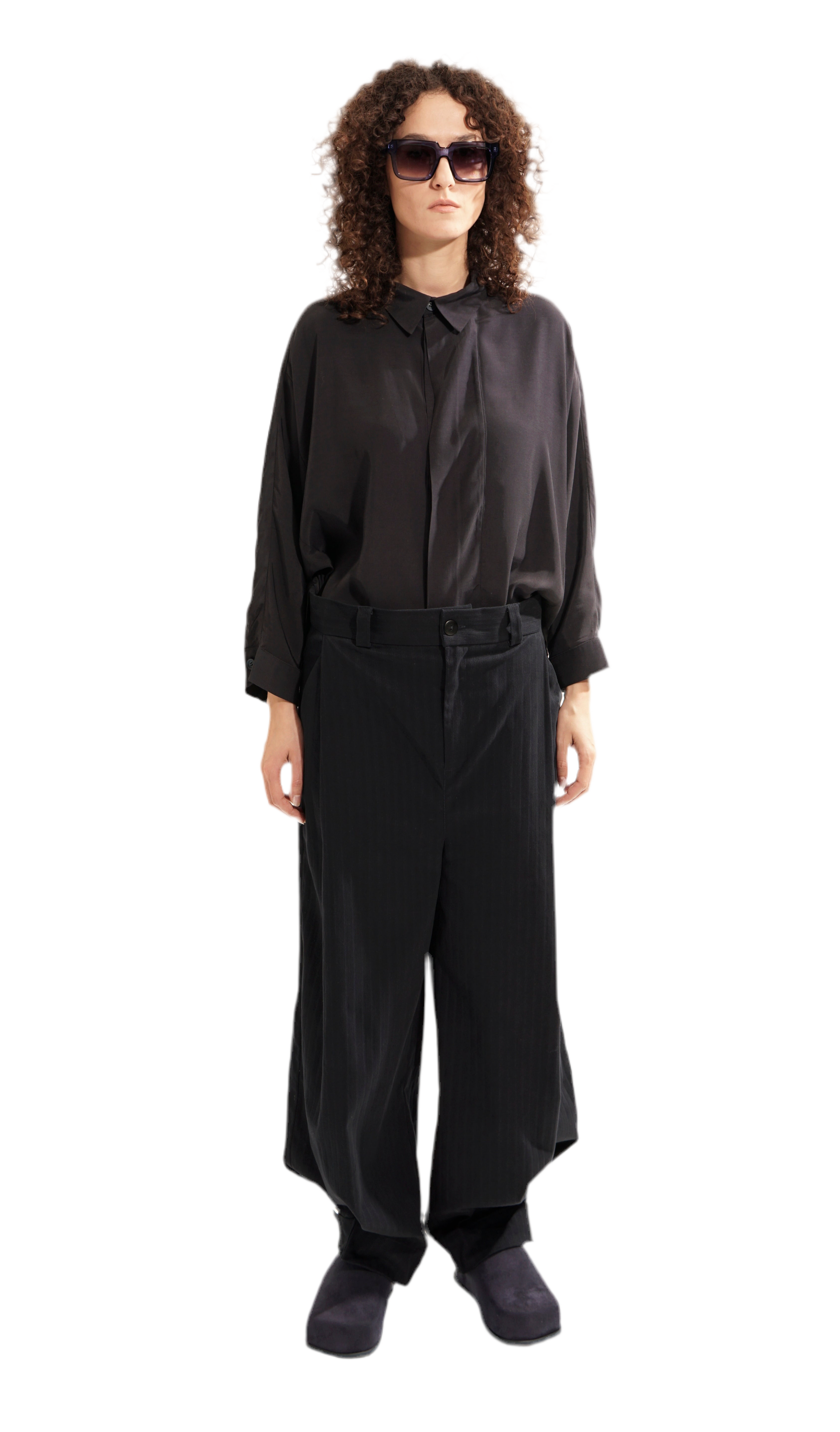 Front view of oversized blouse with concealed closure